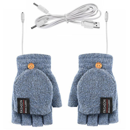 1 Pair USB Electric Heating Winter Gloves Warm Heated Polyester Half Finger Gloves with Flap Lid