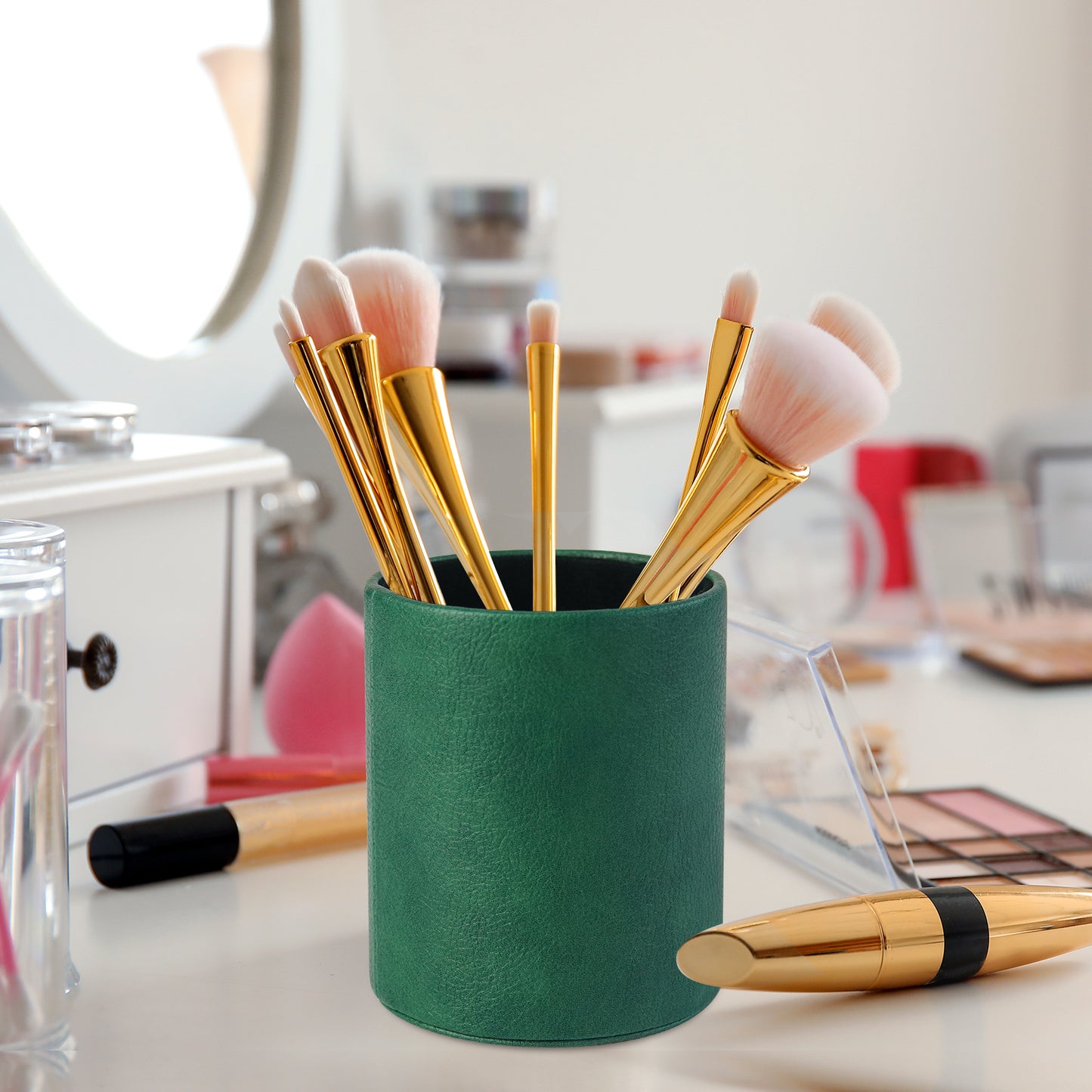 PU Leather + PVC Pen Holder Pencil Cup Makeup Brush Pen Organizer School Office Desk Stationery