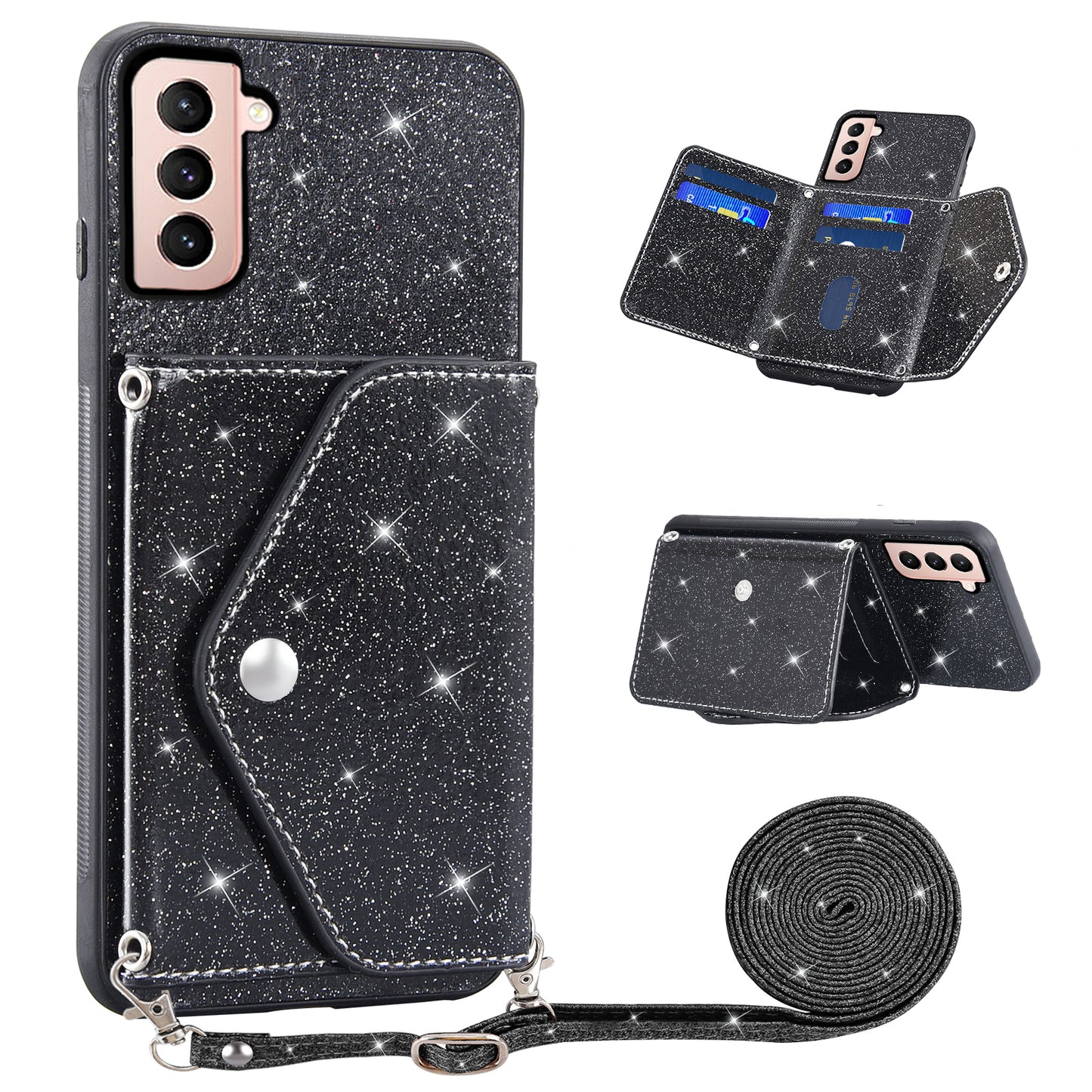 For Samsung Galaxy S22+ 5G Triangle Card Holder PU Leather+TPU Kickstand Phone Case Glittery Powder Shell