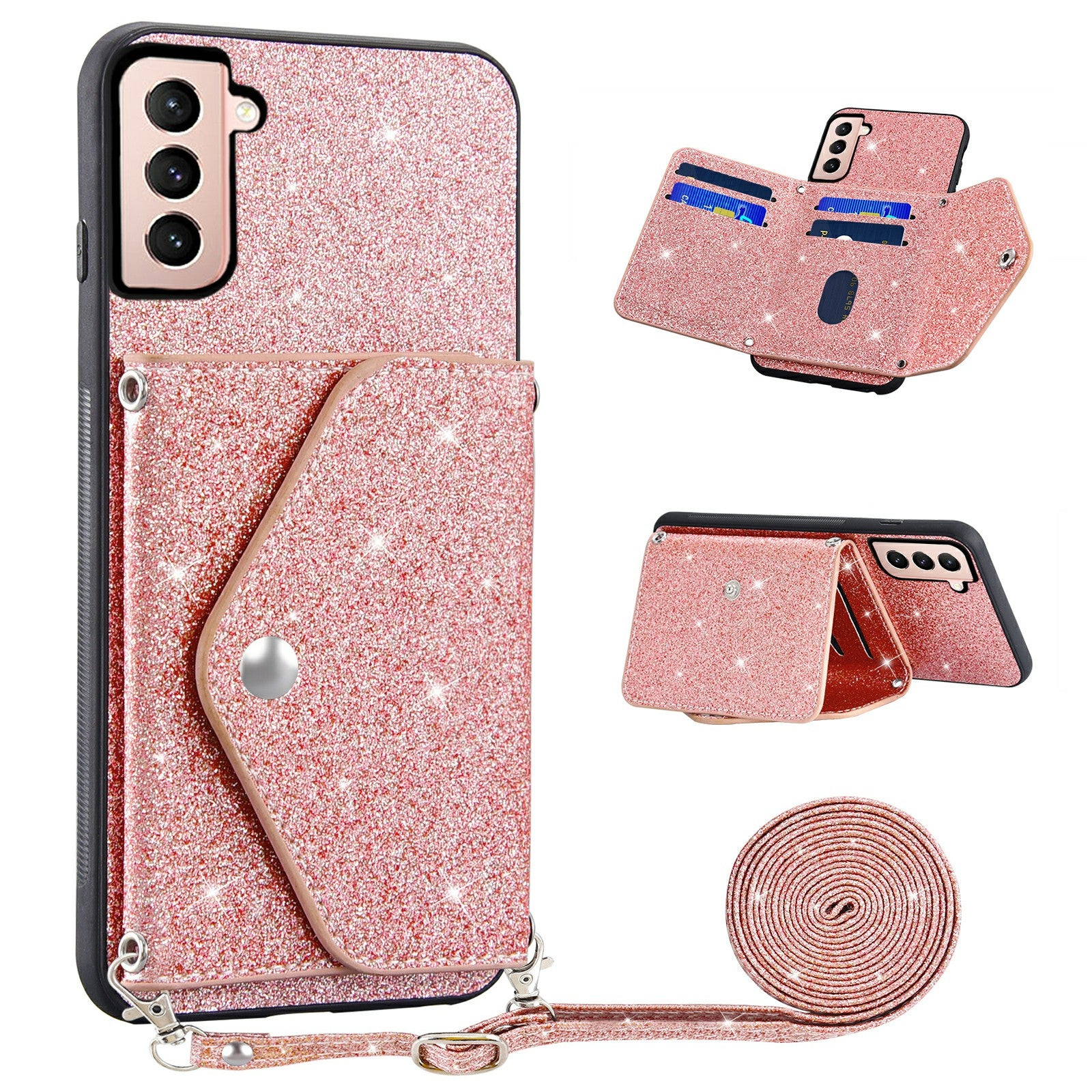 For Samsung Galaxy S22+ 5G Triangle Card Holder PU Leather+TPU Kickstand Phone Case Glittery Powder Shell