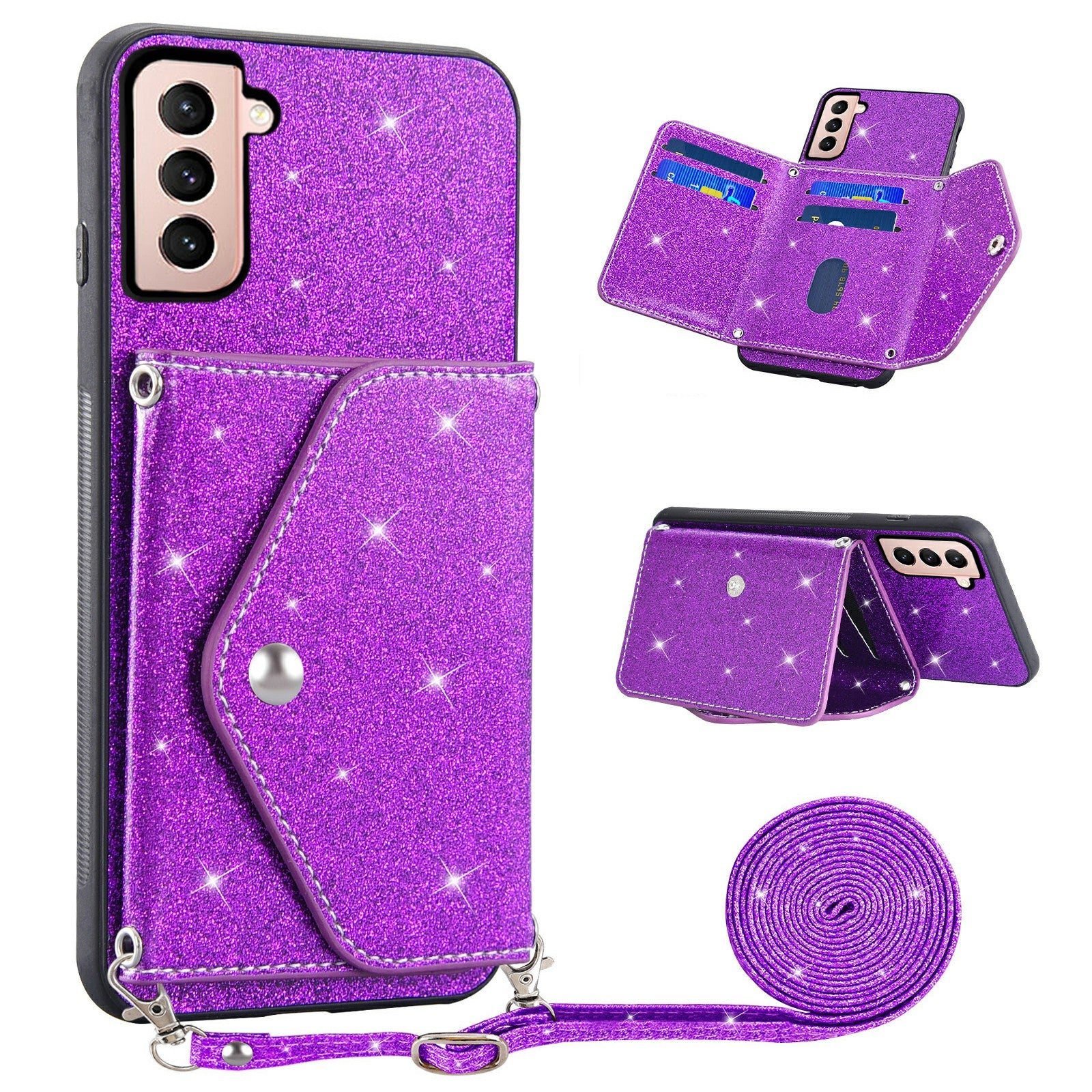 For Samsung Galaxy S22+ 5G Triangle Card Holder PU Leather+TPU Kickstand Phone Case Glittery Powder Shell