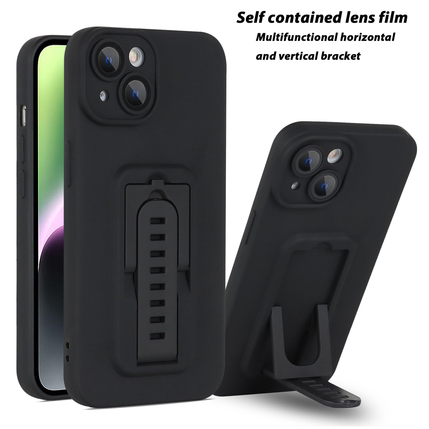 For iPhone 14 Plus Hard PC+TPU Phone Cover Adjustable Kickstand Phone Case with Glass Camera Film