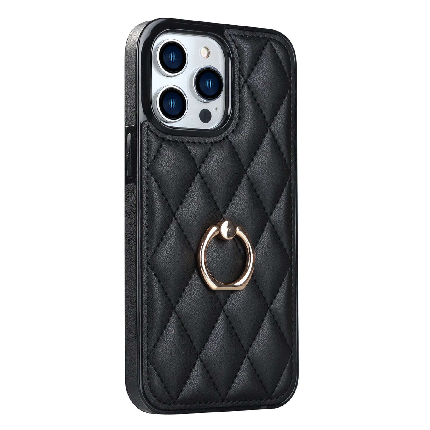 For iPhone 12 Pro Max Anti-Dust PU Leather+TPU Phone Case Stitching Rhombus Ring Holder Kickstand Phone Shell
