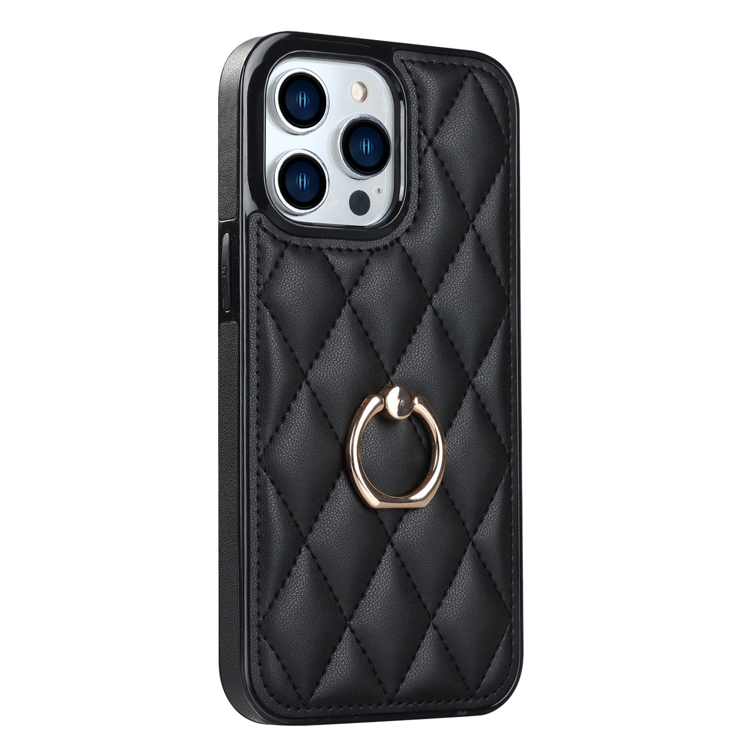 For iPhone 12 Pro Max Anti-Dust PU Leather+TPU Phone Case Stitching Rhombus Ring Holder Kickstand Phone Shell