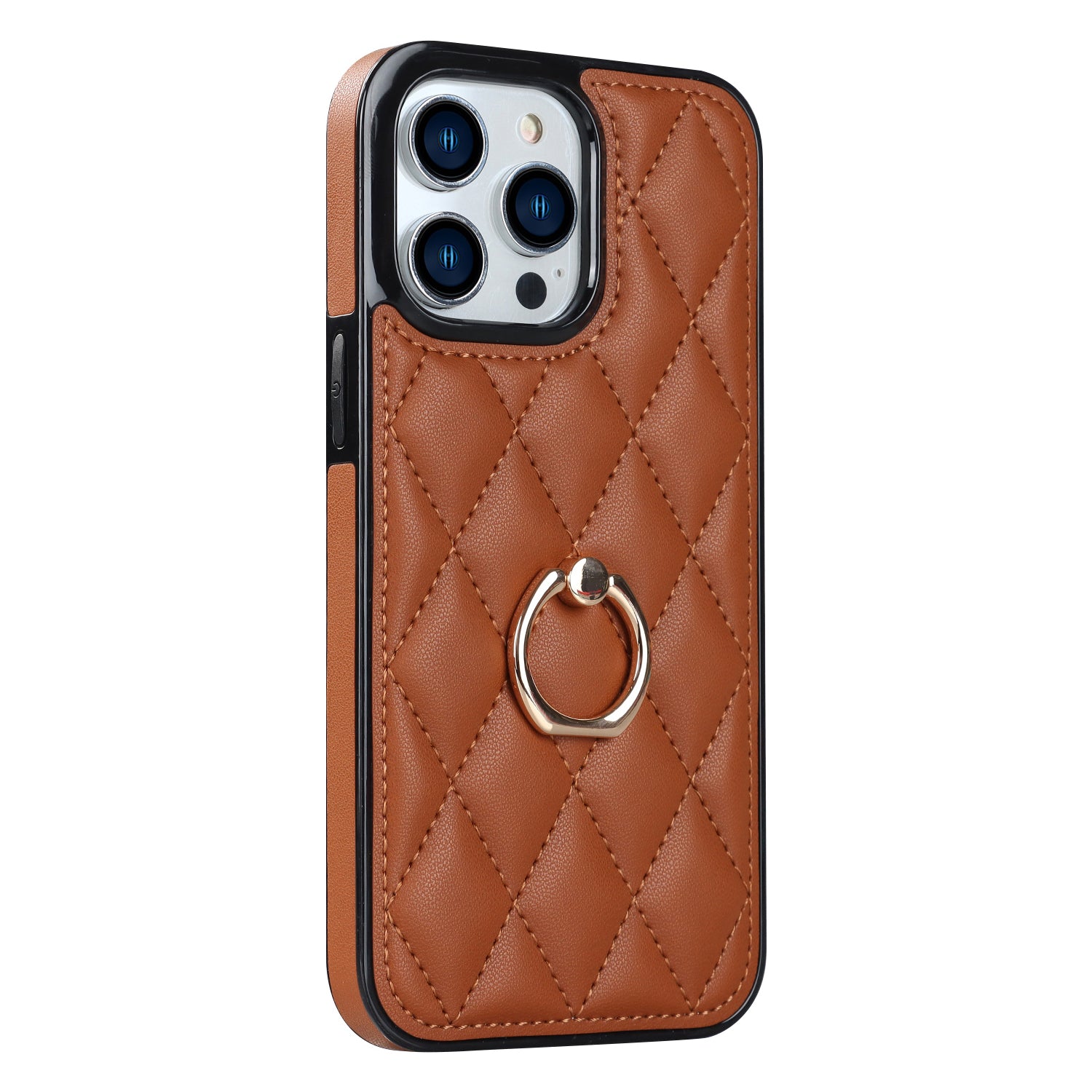 For iPhone 12 Pro Max Anti-Dust PU Leather+TPU Phone Case Stitching Rhombus Ring Holder Kickstand Phone Shell