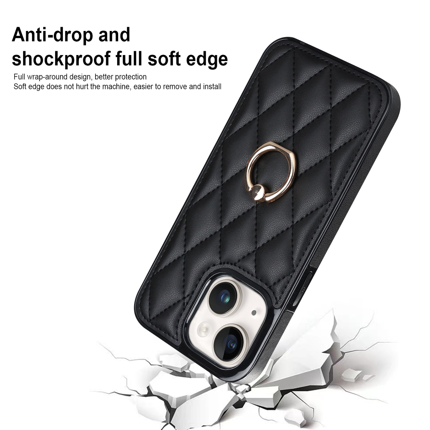 For iPhone 13 mini 5.4 inch Anti-Scratch Phone Cover Stitching Rhombus PU Leather+TPU Phone Case with Ring Holder Kickstand
