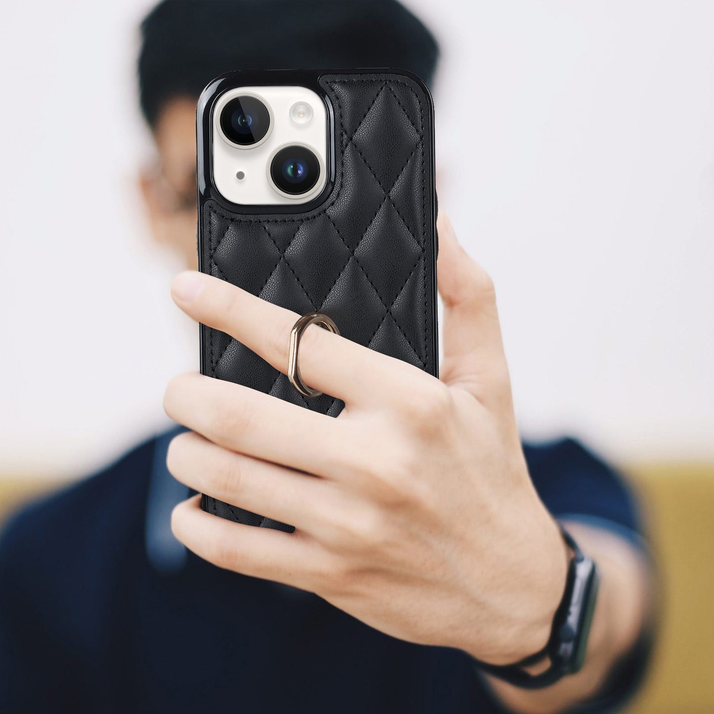 For iPhone 13 mini 5.4 inch Anti-Scratch Phone Cover Stitching Rhombus PU Leather+TPU Phone Case with Ring Holder Kickstand