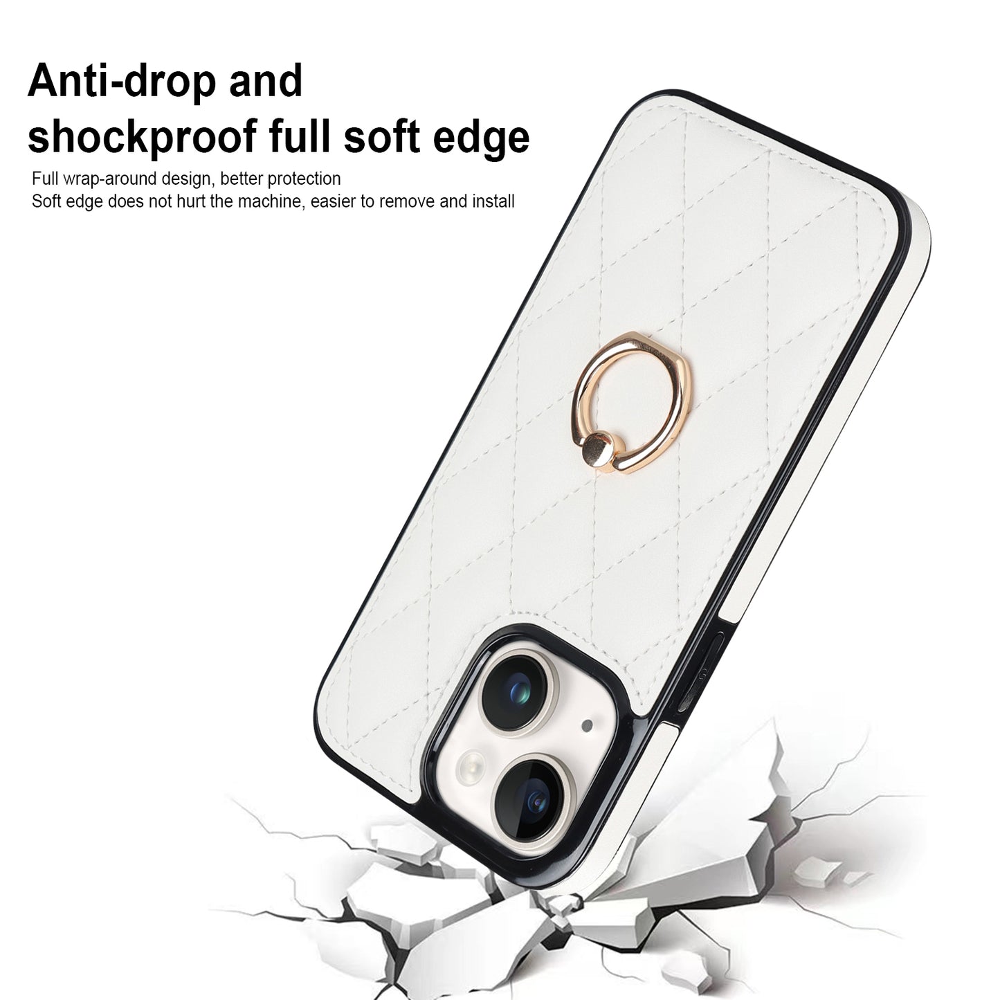 For iPhone 13 mini 5.4 inch Anti-Scratch Phone Cover Stitching Rhombus PU Leather+TPU Phone Case with Ring Holder Kickstand