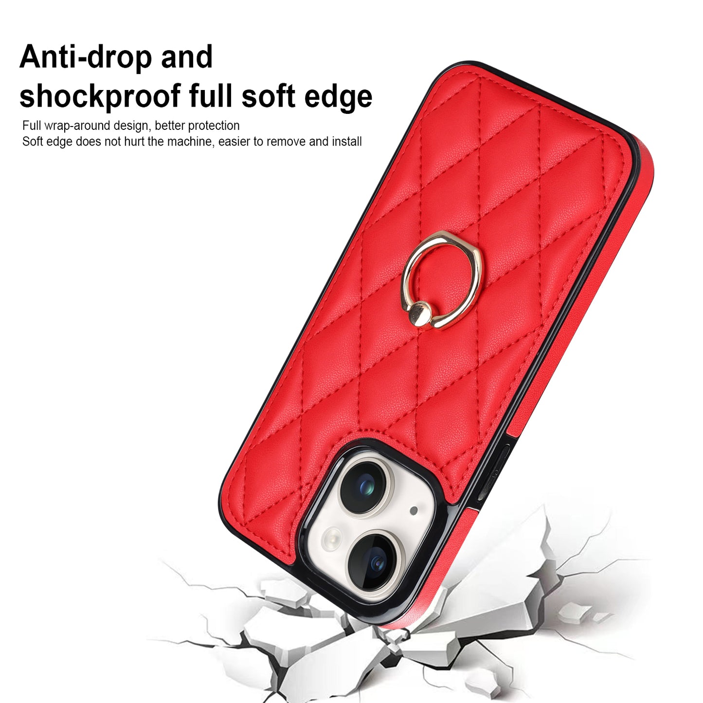 For iPhone 13 mini 5.4 inch Anti-Scratch Phone Cover Stitching Rhombus PU Leather+TPU Phone Case with Ring Holder Kickstand