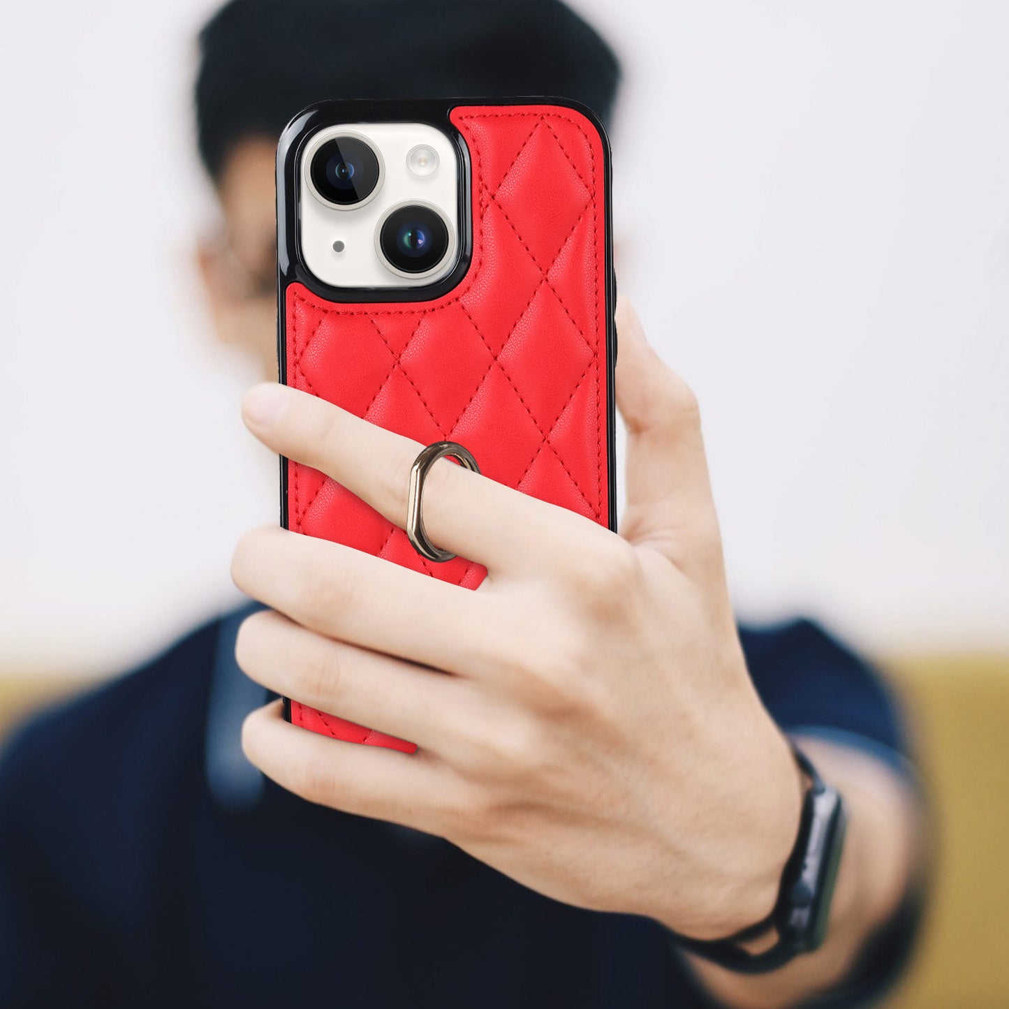 For iPhone 13 mini 5.4 inch Anti-Scratch Phone Cover Stitching Rhombus PU Leather+TPU Phone Case with Ring Holder Kickstand