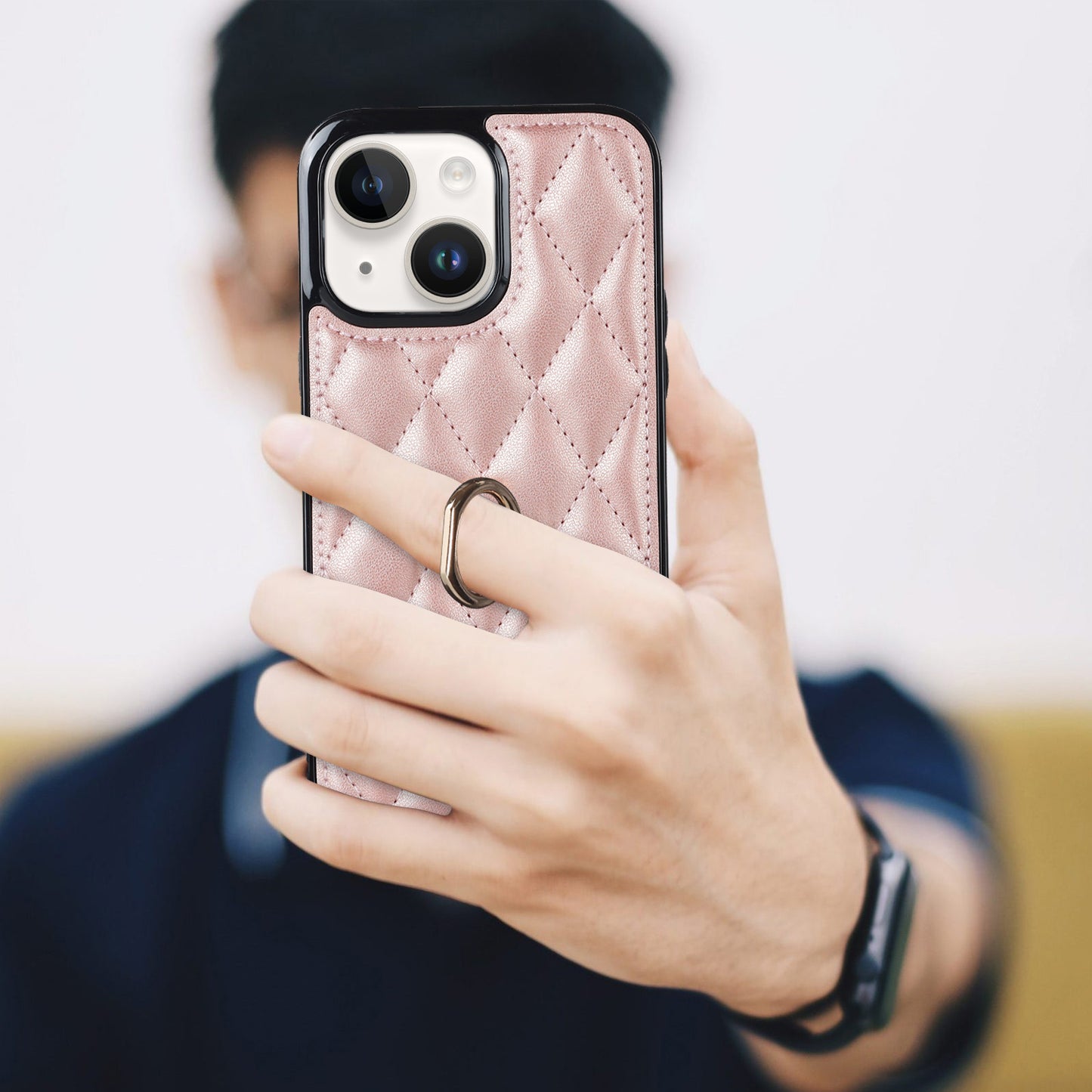 For iPhone 13 mini 5.4 inch Anti-Scratch Phone Cover Stitching Rhombus PU Leather+TPU Phone Case with Ring Holder Kickstand