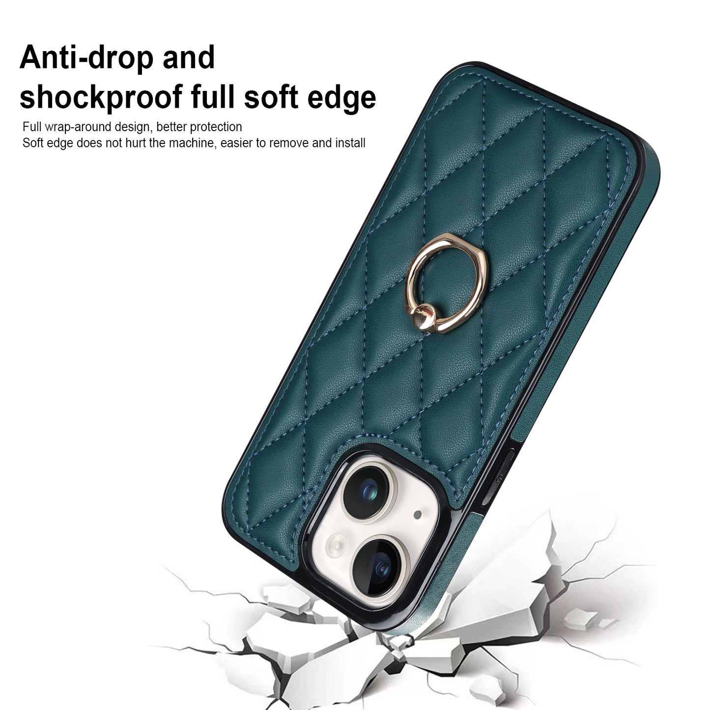 For iPhone 13 mini 5.4 inch Anti-Scratch Phone Cover Stitching Rhombus PU Leather+TPU Phone Case with Ring Holder Kickstand