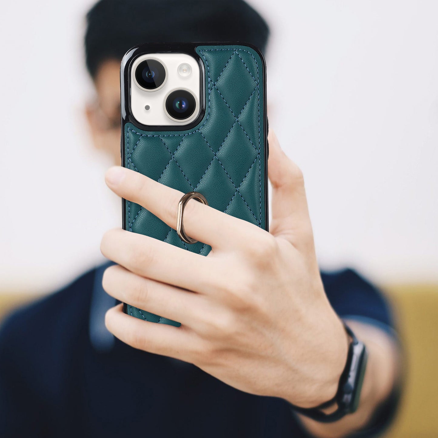 For iPhone 13 mini 5.4 inch Anti-Scratch Phone Cover Stitching Rhombus PU Leather+TPU Phone Case with Ring Holder Kickstand