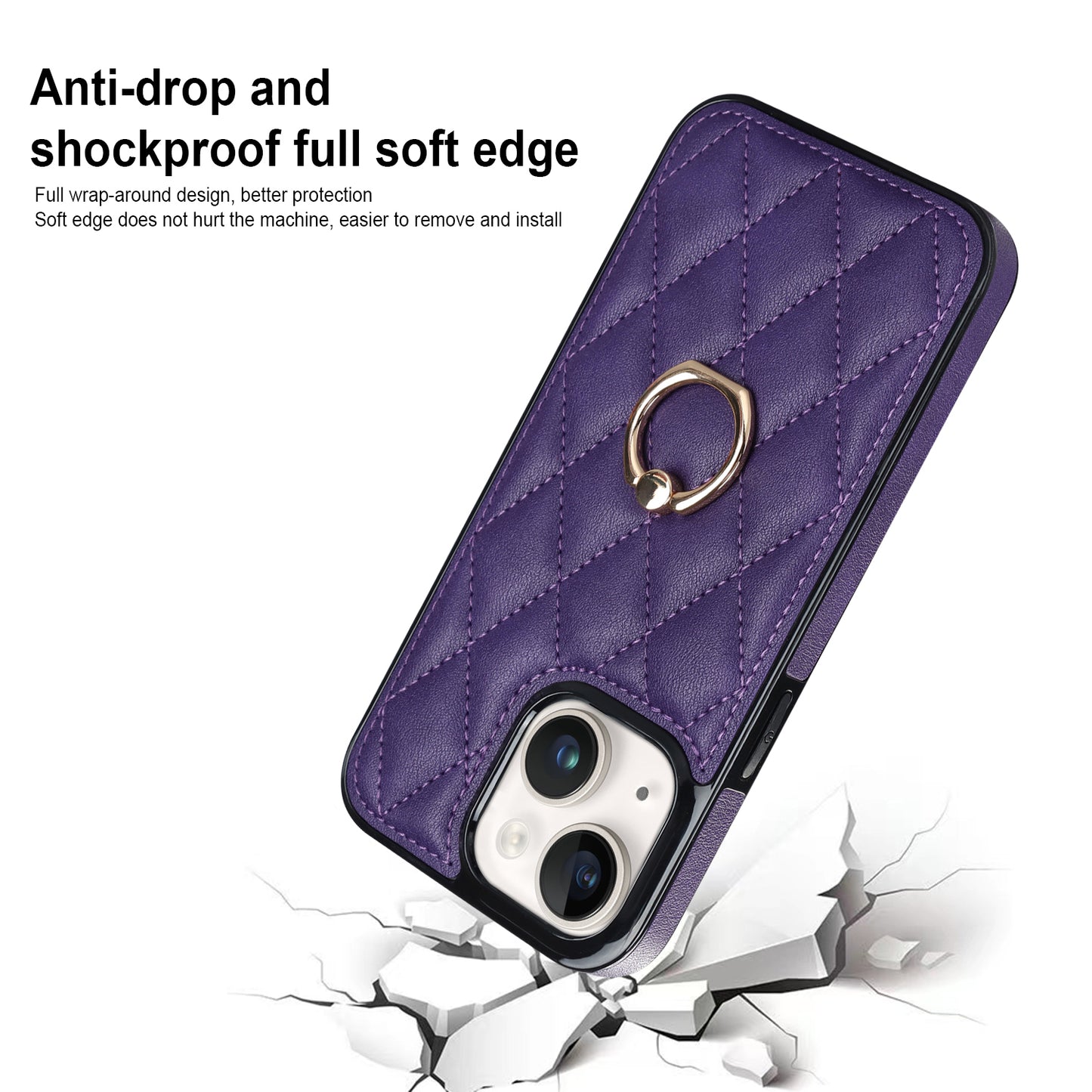 For iPhone 13 mini 5.4 inch Anti-Scratch Phone Cover Stitching Rhombus PU Leather+TPU Phone Case with Ring Holder Kickstand