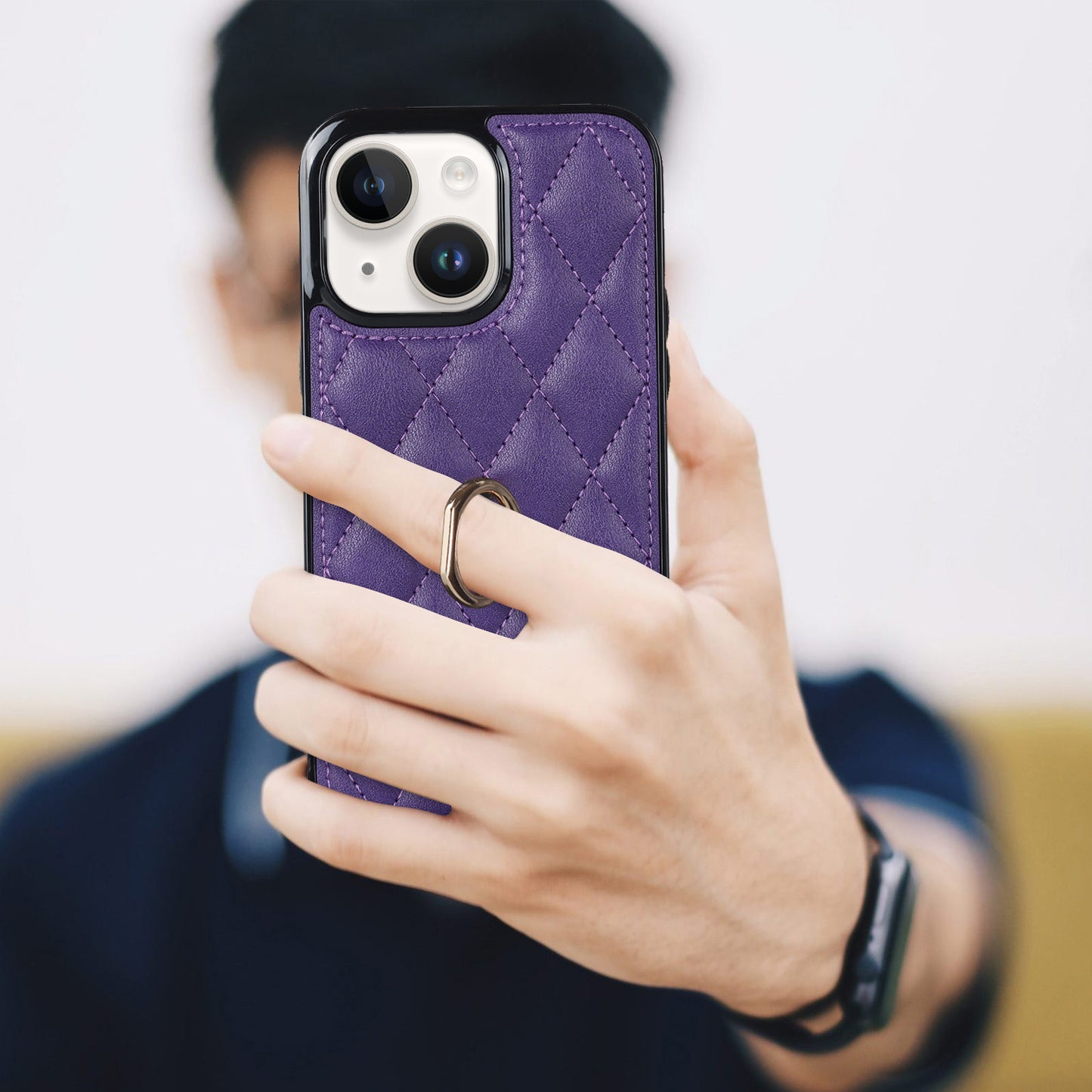For iPhone 13 mini 5.4 inch Anti-Scratch Phone Cover Stitching Rhombus PU Leather+TPU Phone Case with Ring Holder Kickstand