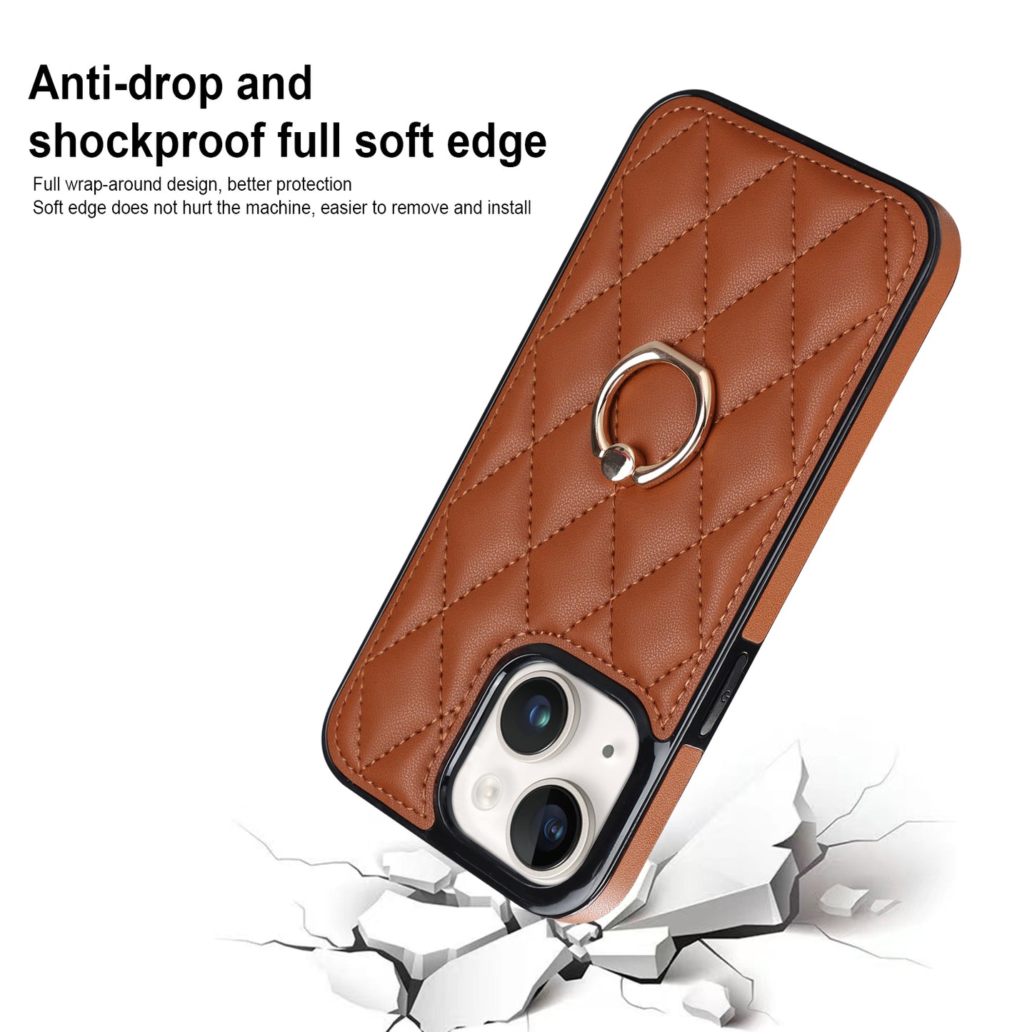 For iPhone 13 mini 5.4 inch Anti-Scratch Phone Cover Stitching Rhombus PU Leather+TPU Phone Case with Ring Holder Kickstand
