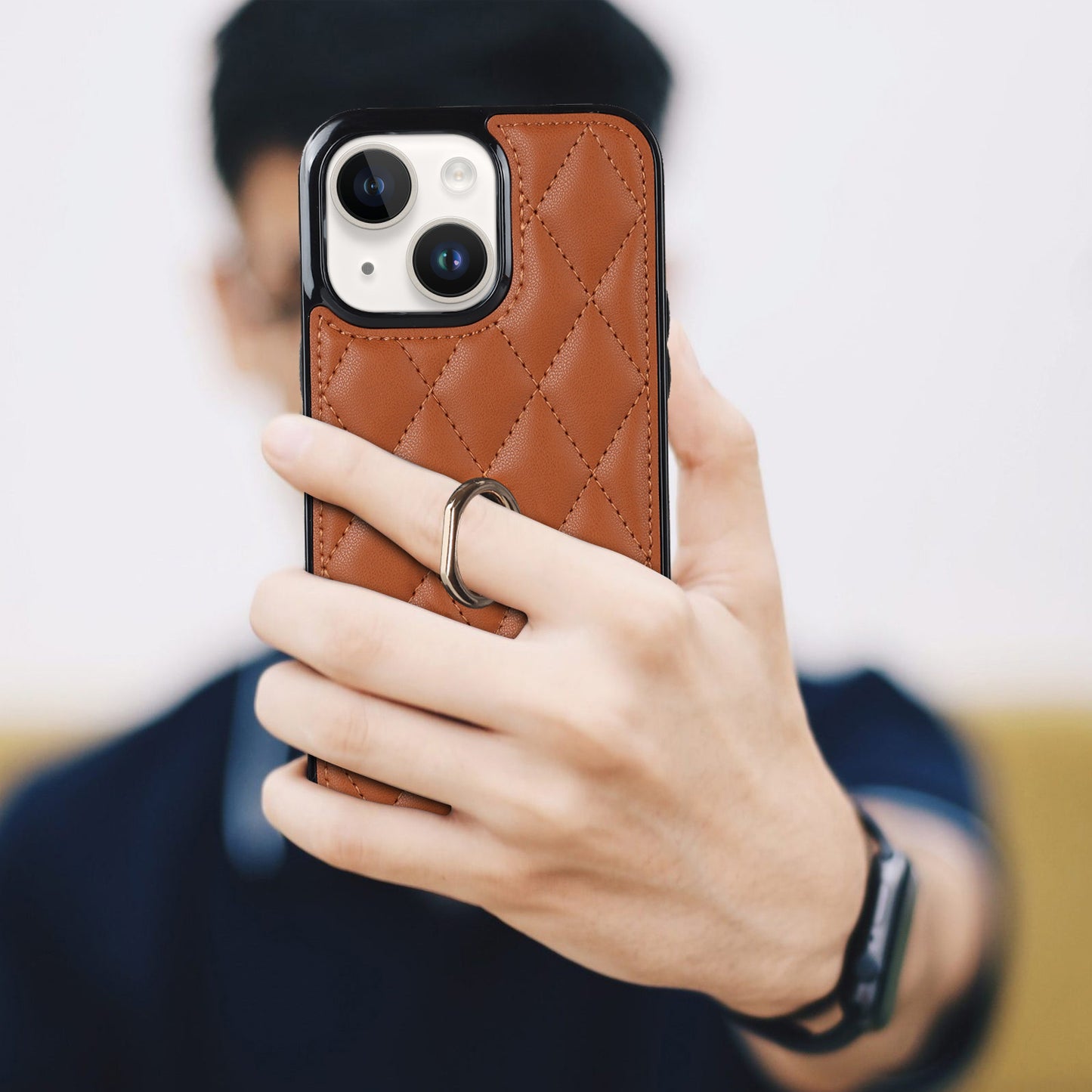 For iPhone 13 mini 5.4 inch Anti-Scratch Phone Cover Stitching Rhombus PU Leather+TPU Phone Case with Ring Holder Kickstand