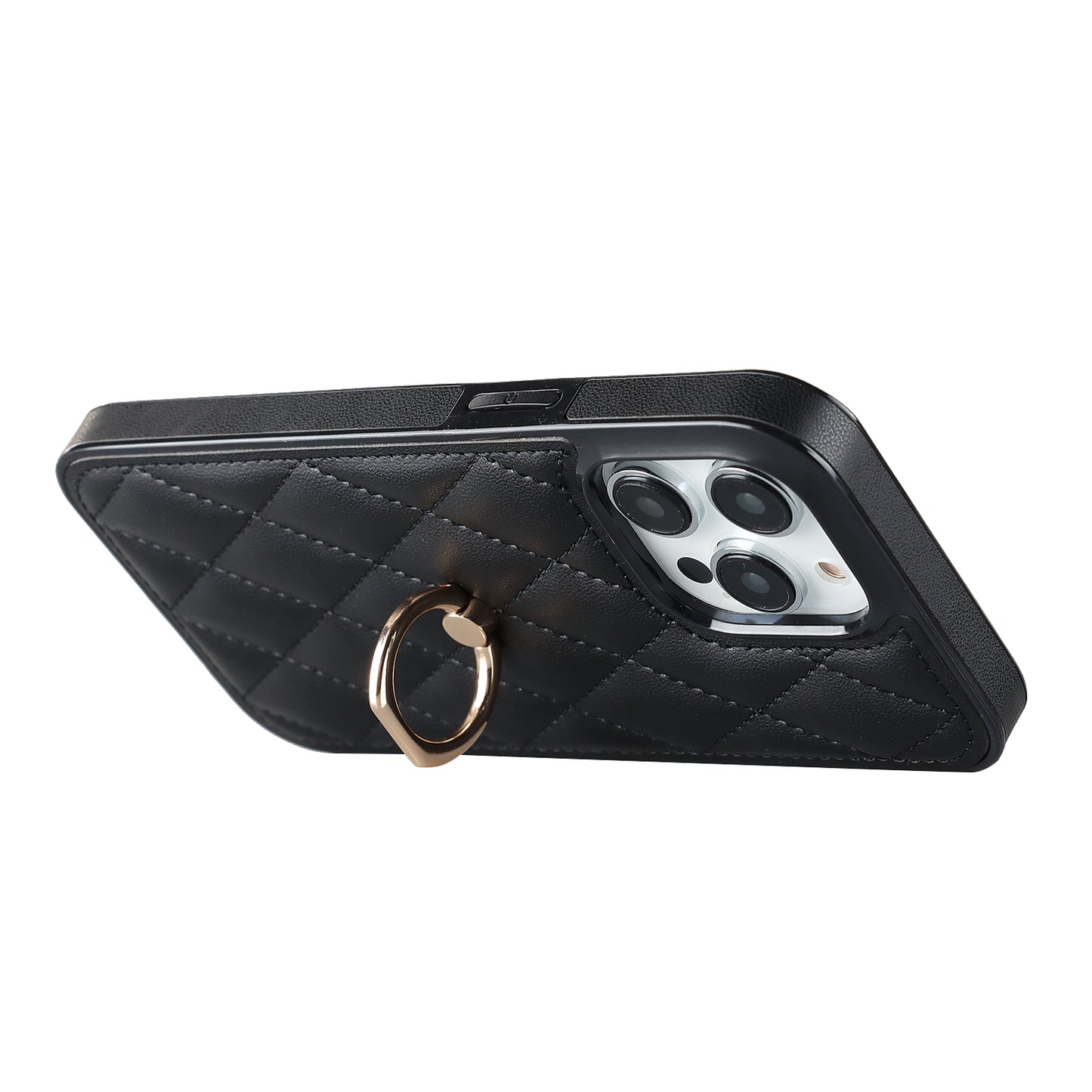 PU Leather+TPU Phone Case for iPhone 13 Pro Max , Stitching Rhombus Ring Holder Kickstand Phone Cover