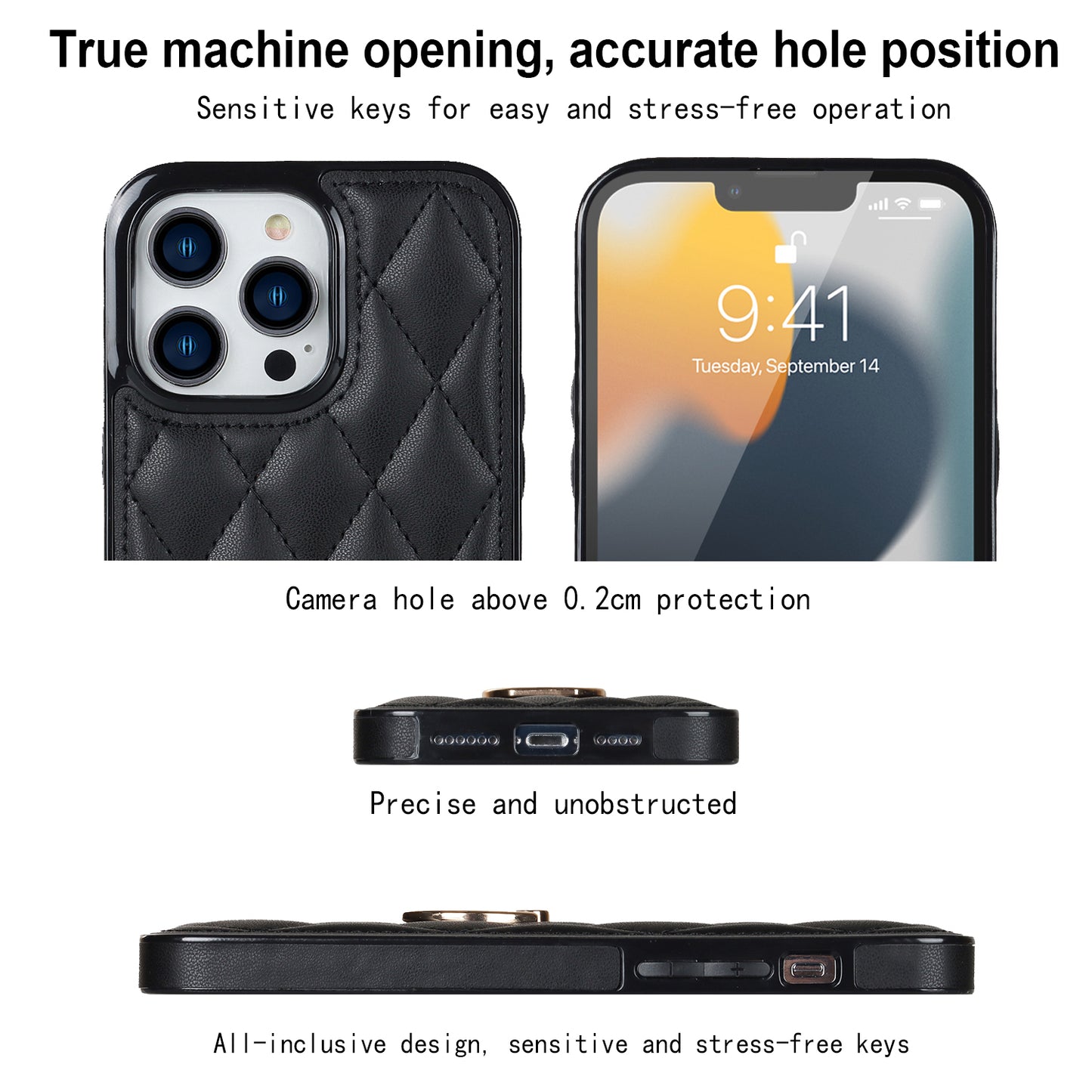 PU Leather+TPU Phone Case for iPhone 13 Pro Max , Stitching Rhombus Ring Holder Kickstand Phone Cover
