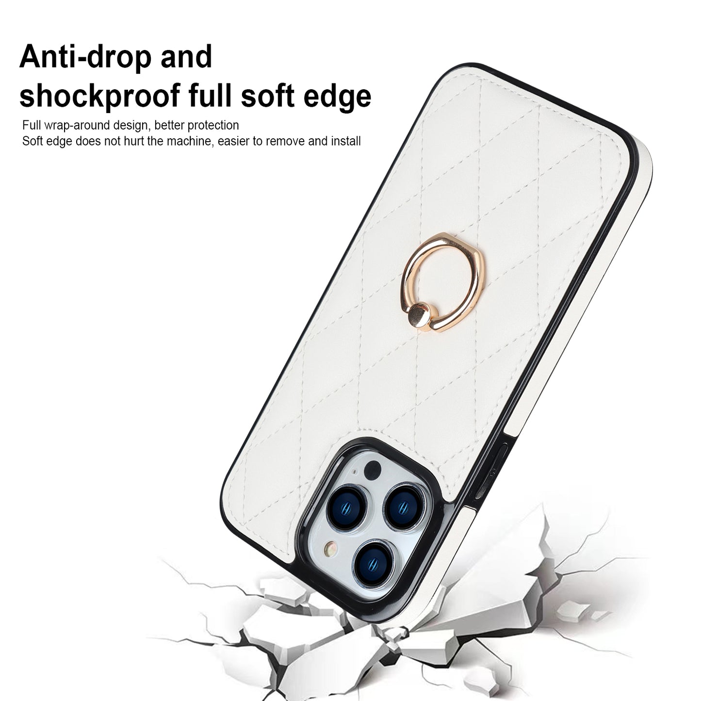 PU Leather+TPU Phone Case for iPhone 13 Pro Max , Stitching Rhombus Ring Holder Kickstand Phone Cover