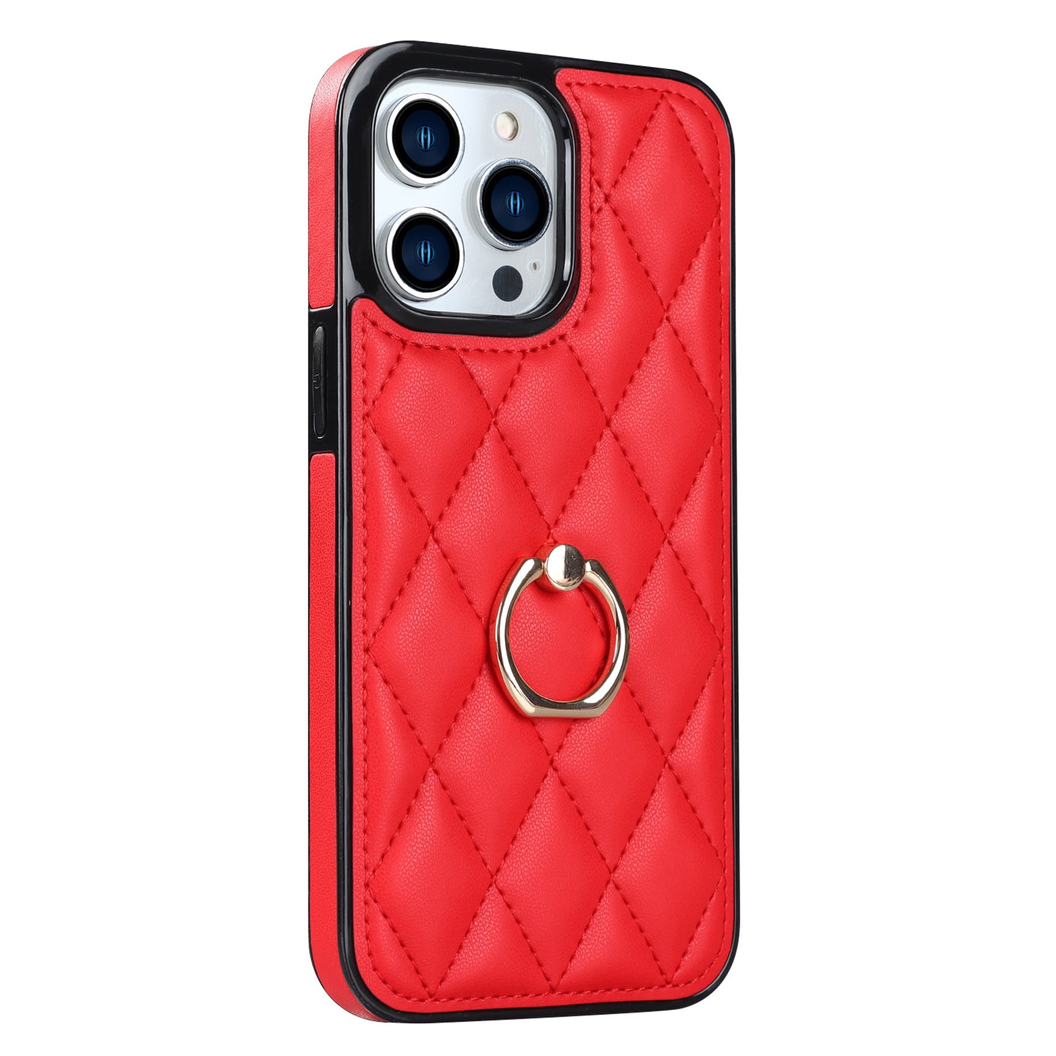 PU Leather+TPU Phone Case for iPhone 13 Pro Max , Stitching Rhombus Ring Holder Kickstand Phone Cover