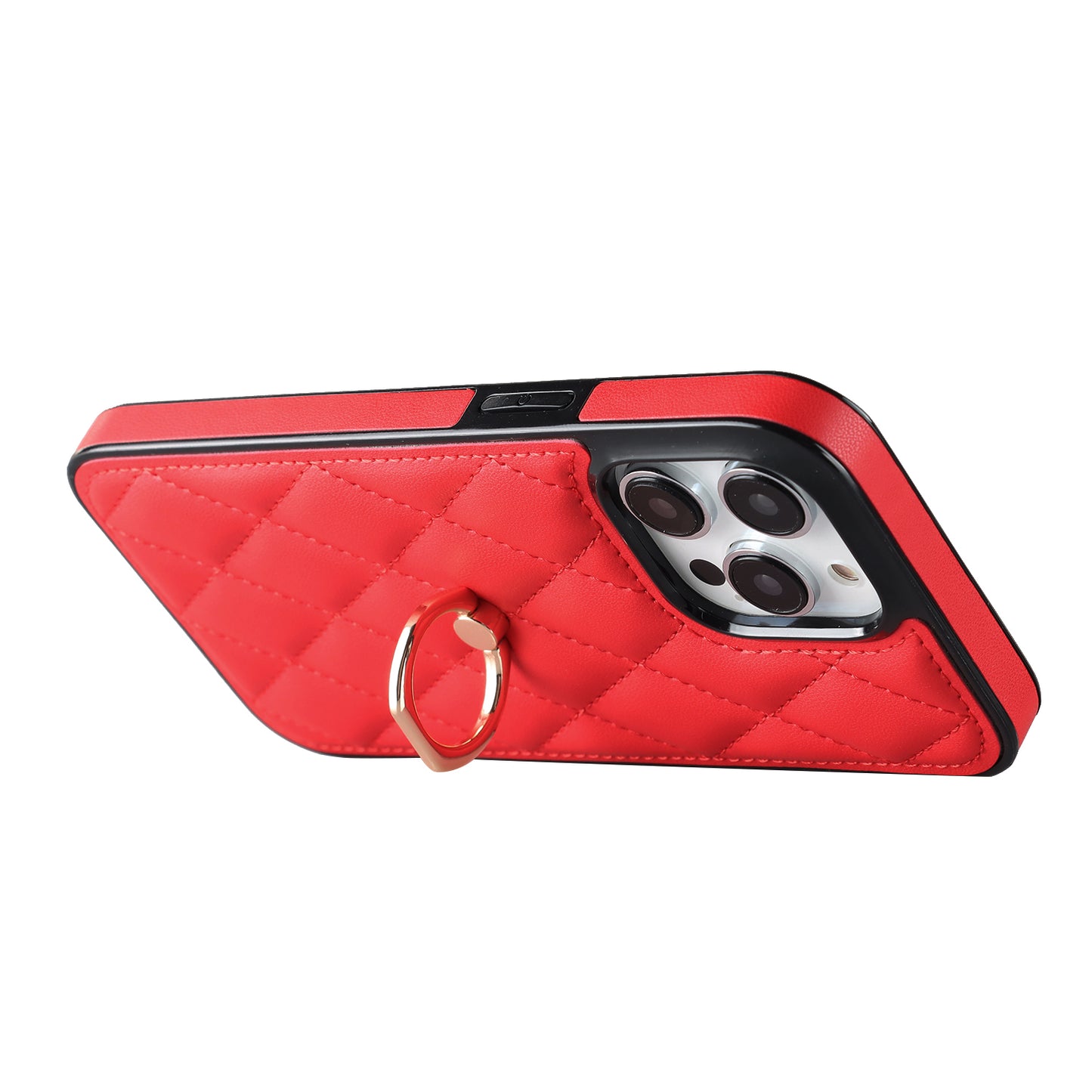 PU Leather+TPU Phone Case for iPhone 13 Pro Max , Stitching Rhombus Ring Holder Kickstand Phone Cover