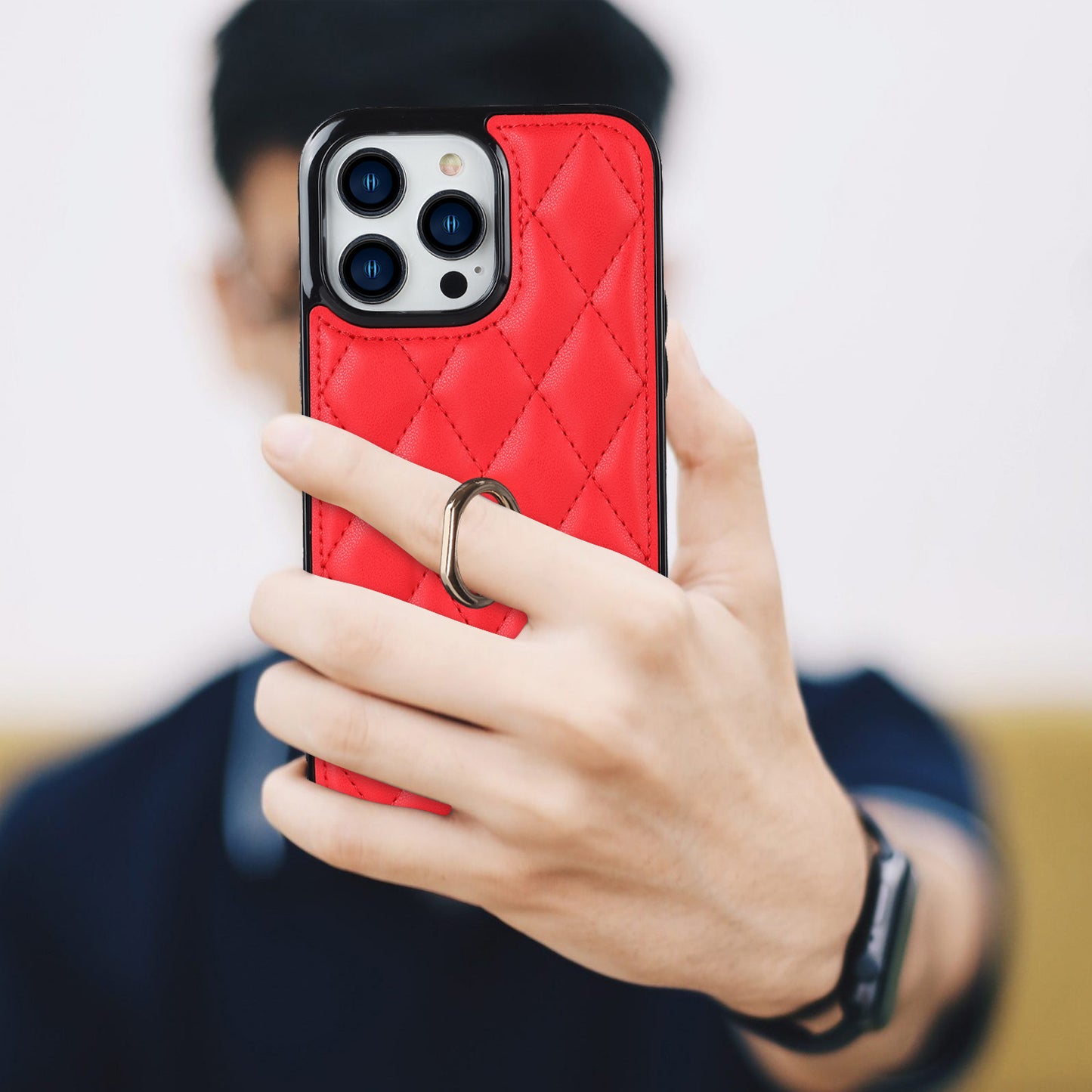 PU Leather+TPU Phone Case for iPhone 13 Pro Max , Stitching Rhombus Ring Holder Kickstand Phone Cover