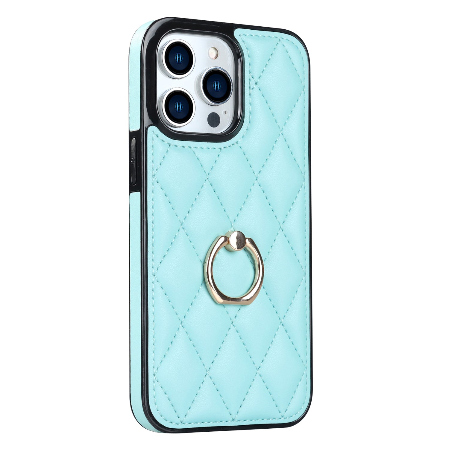 PU Leather+TPU Phone Case for iPhone 13 Pro Max , Stitching Rhombus Ring Holder Kickstand Phone Cover