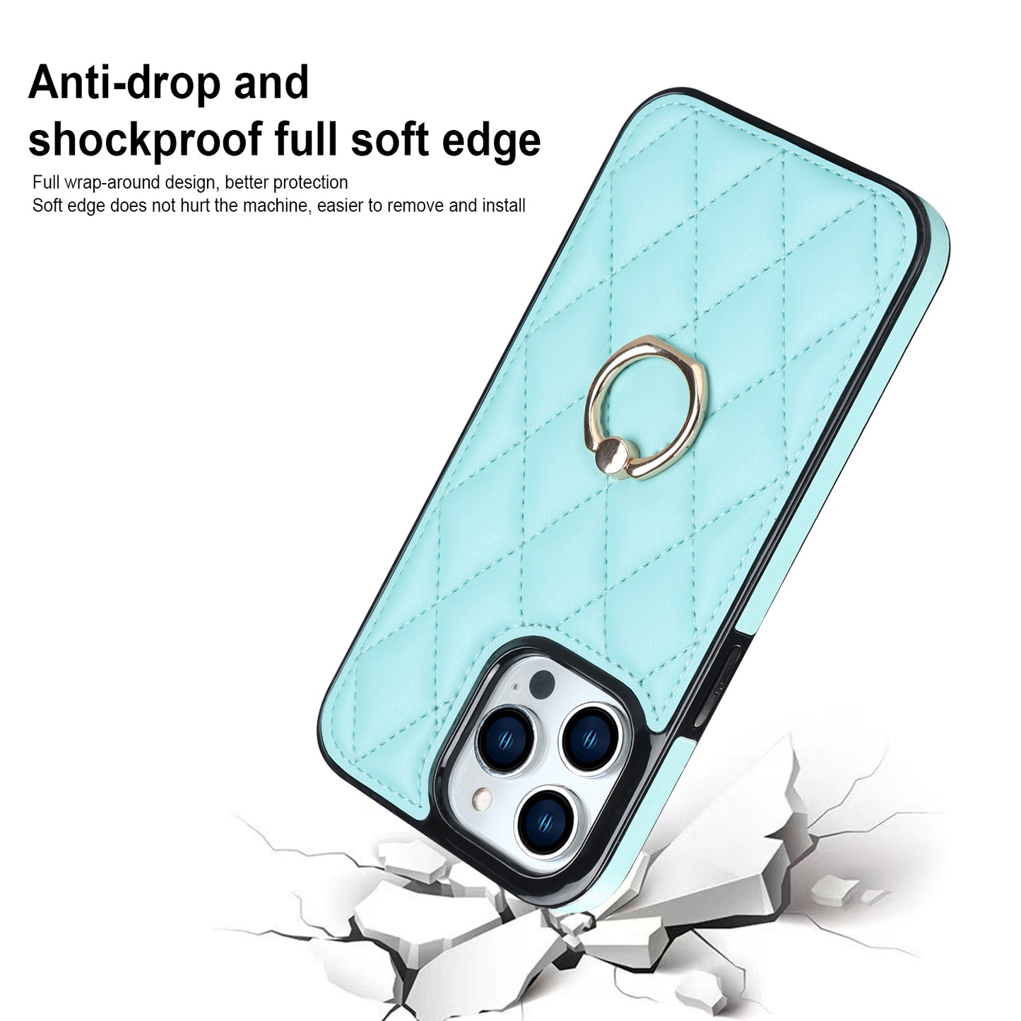PU Leather+TPU Phone Case for iPhone 13 Pro Max , Stitching Rhombus Ring Holder Kickstand Phone Cover
