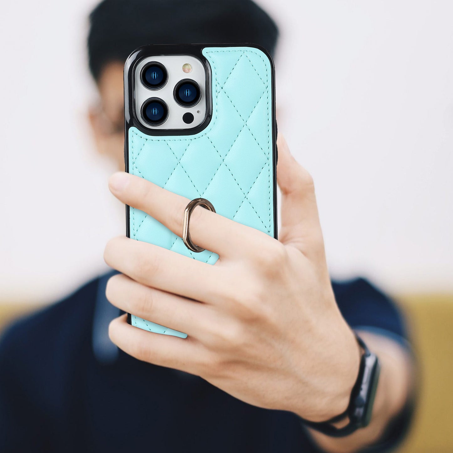 PU Leather+TPU Phone Case for iPhone 13 Pro Max , Stitching Rhombus Ring Holder Kickstand Phone Cover