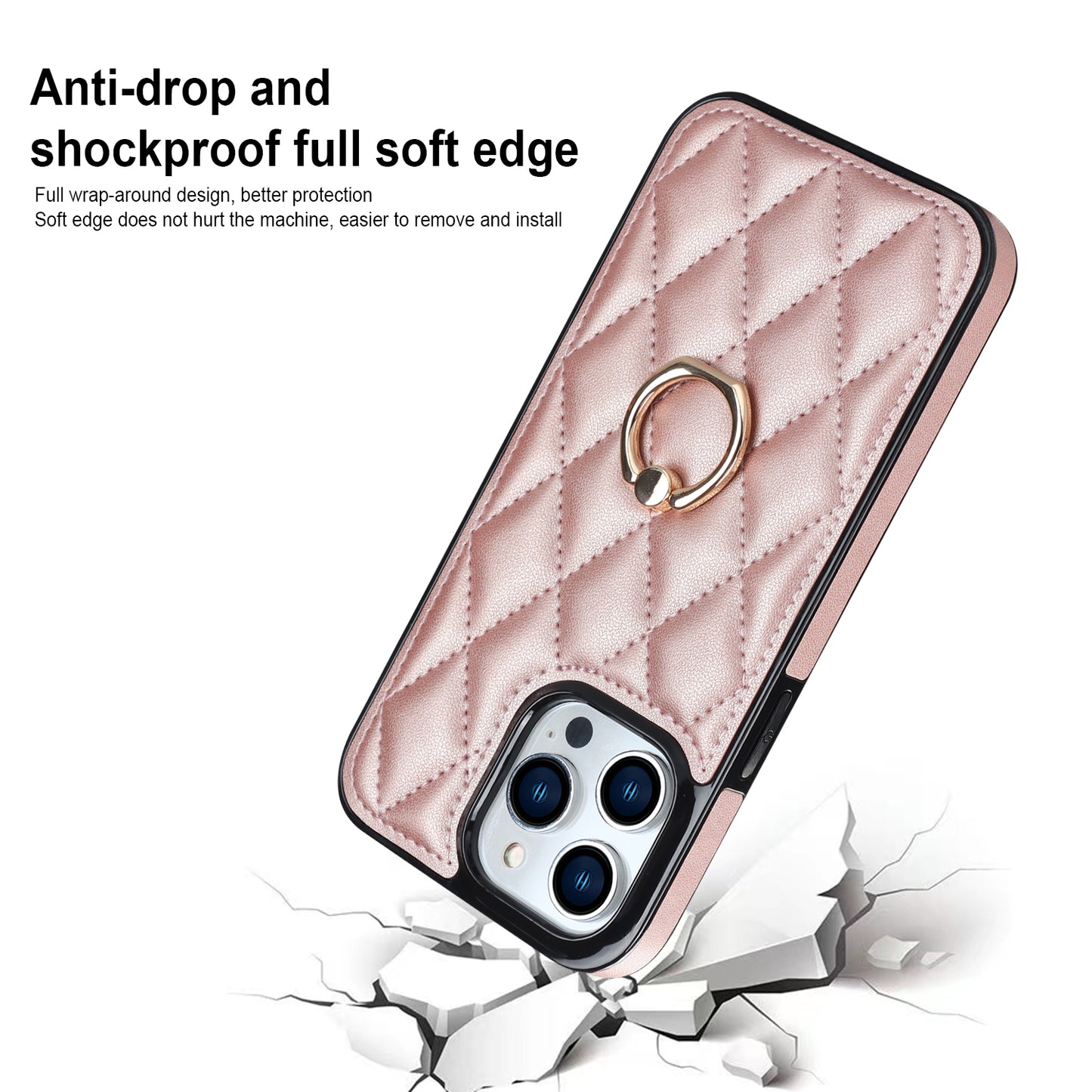 PU Leather+TPU Phone Case for iPhone 13 Pro Max , Stitching Rhombus Ring Holder Kickstand Phone Cover