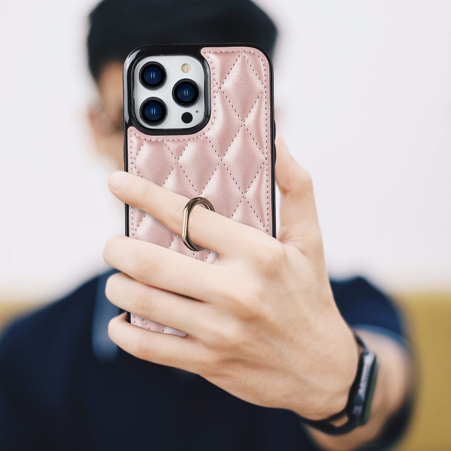 PU Leather+TPU Phone Case for iPhone 13 Pro Max , Stitching Rhombus Ring Holder Kickstand Phone Cover
