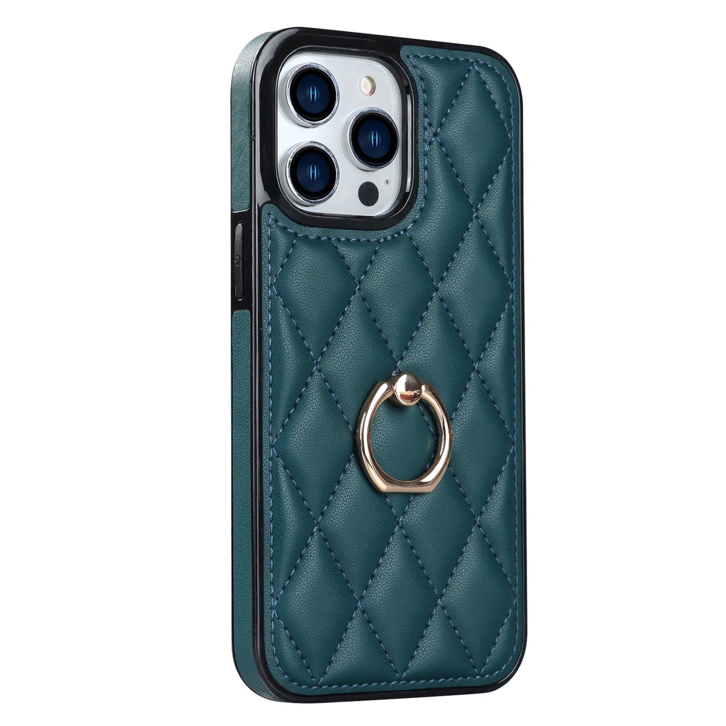 PU Leather+TPU Phone Case for iPhone 13 Pro Max , Stitching Rhombus Ring Holder Kickstand Phone Cover