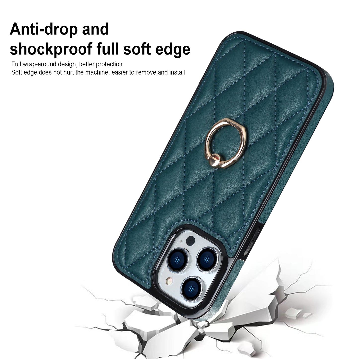 PU Leather+TPU Phone Case for iPhone 13 Pro Max , Stitching Rhombus Ring Holder Kickstand Phone Cover