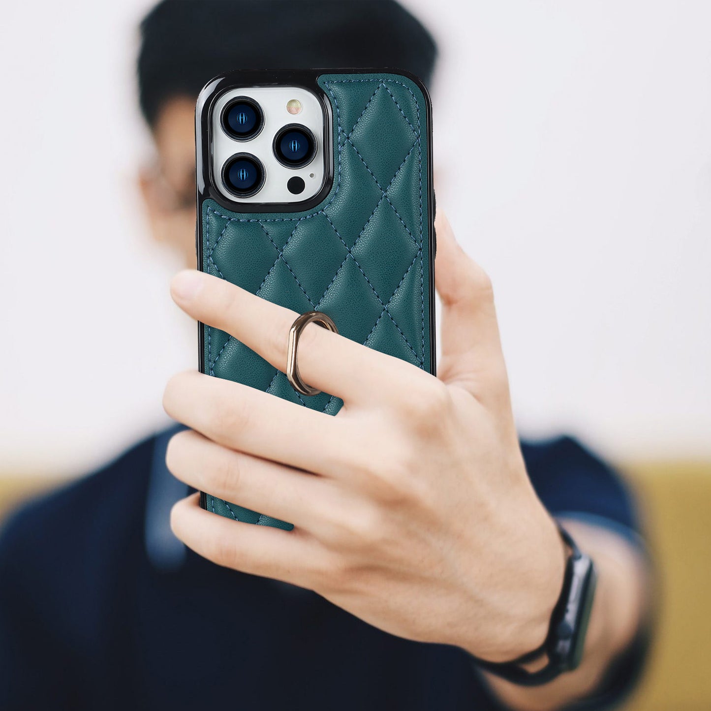 PU Leather+TPU Phone Case for iPhone 13 Pro Max , Stitching Rhombus Ring Holder Kickstand Phone Cover
