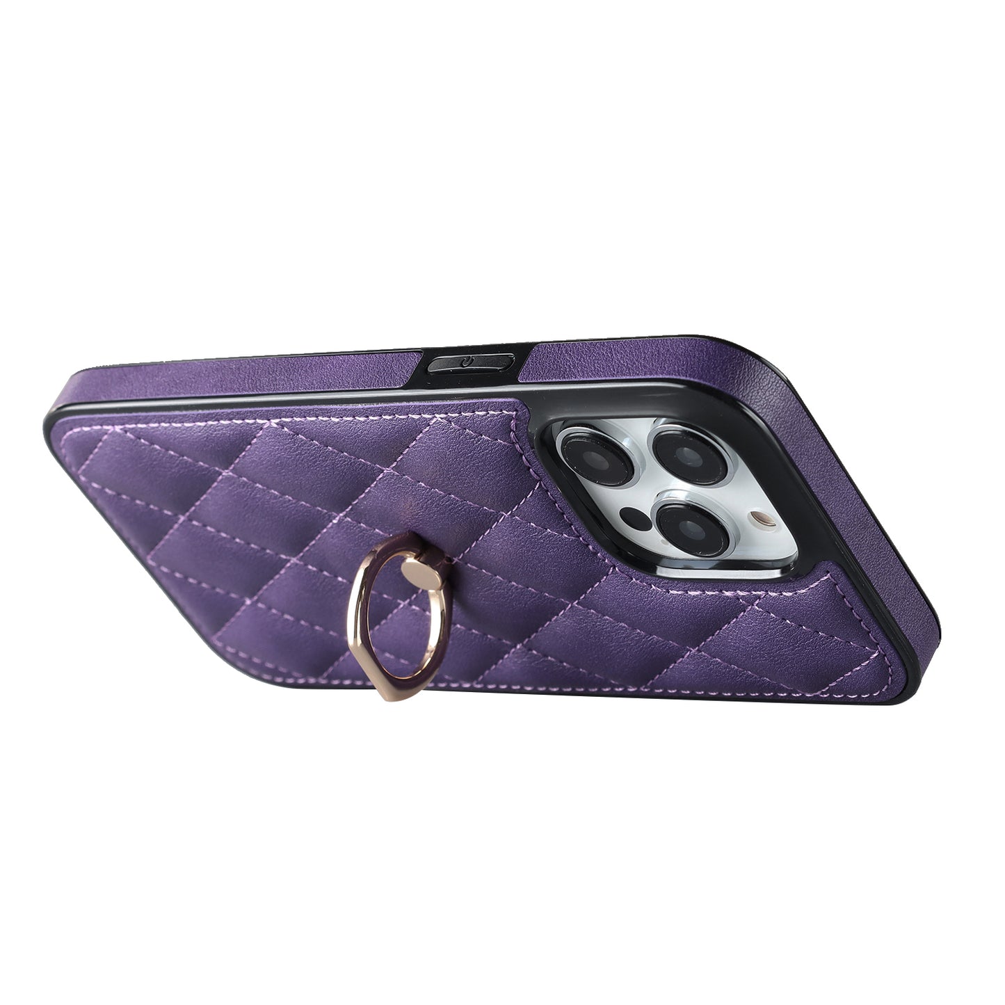 PU Leather+TPU Phone Case for iPhone 13 Pro Max , Stitching Rhombus Ring Holder Kickstand Phone Cover