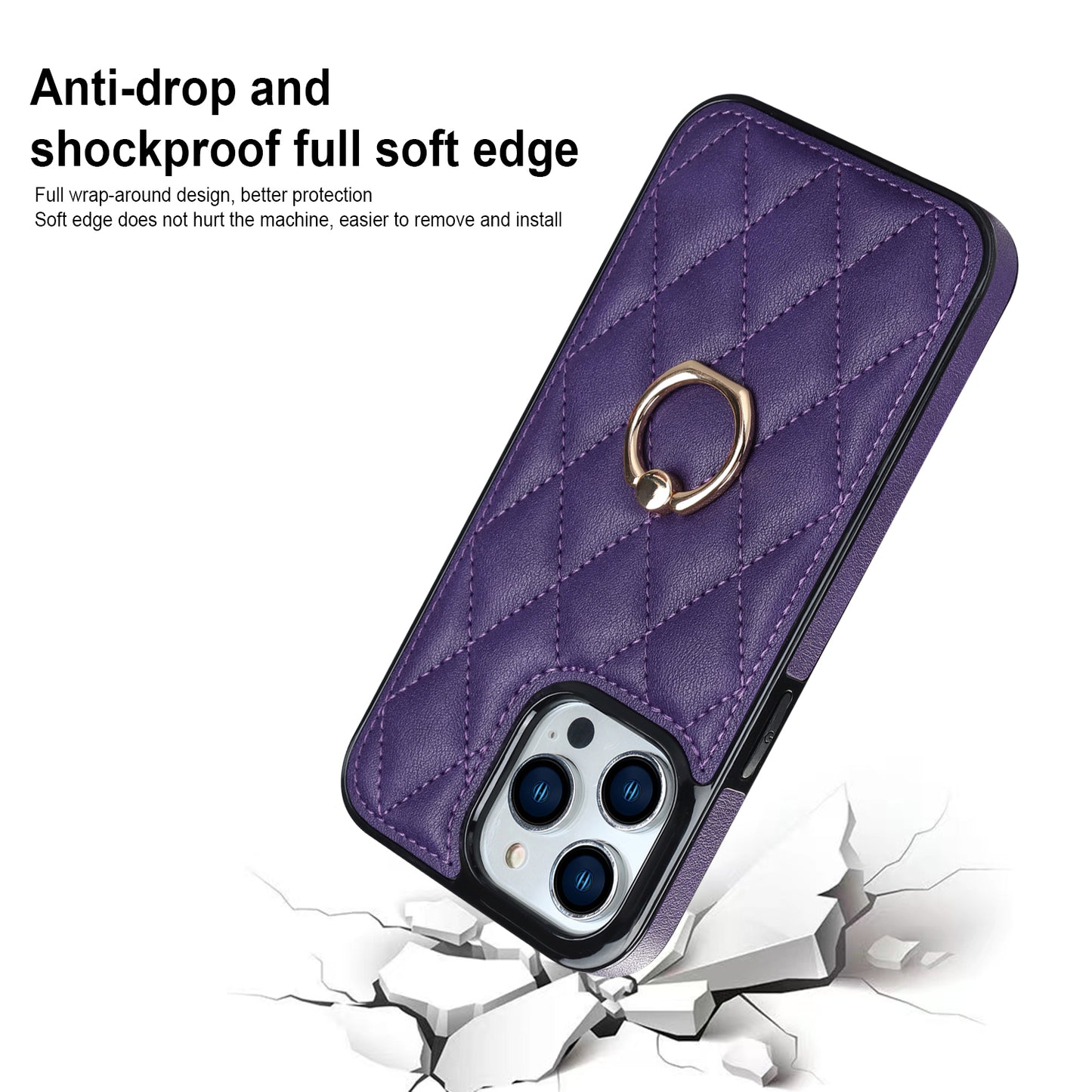 PU Leather+TPU Phone Case for iPhone 13 Pro Max , Stitching Rhombus Ring Holder Kickstand Phone Cover