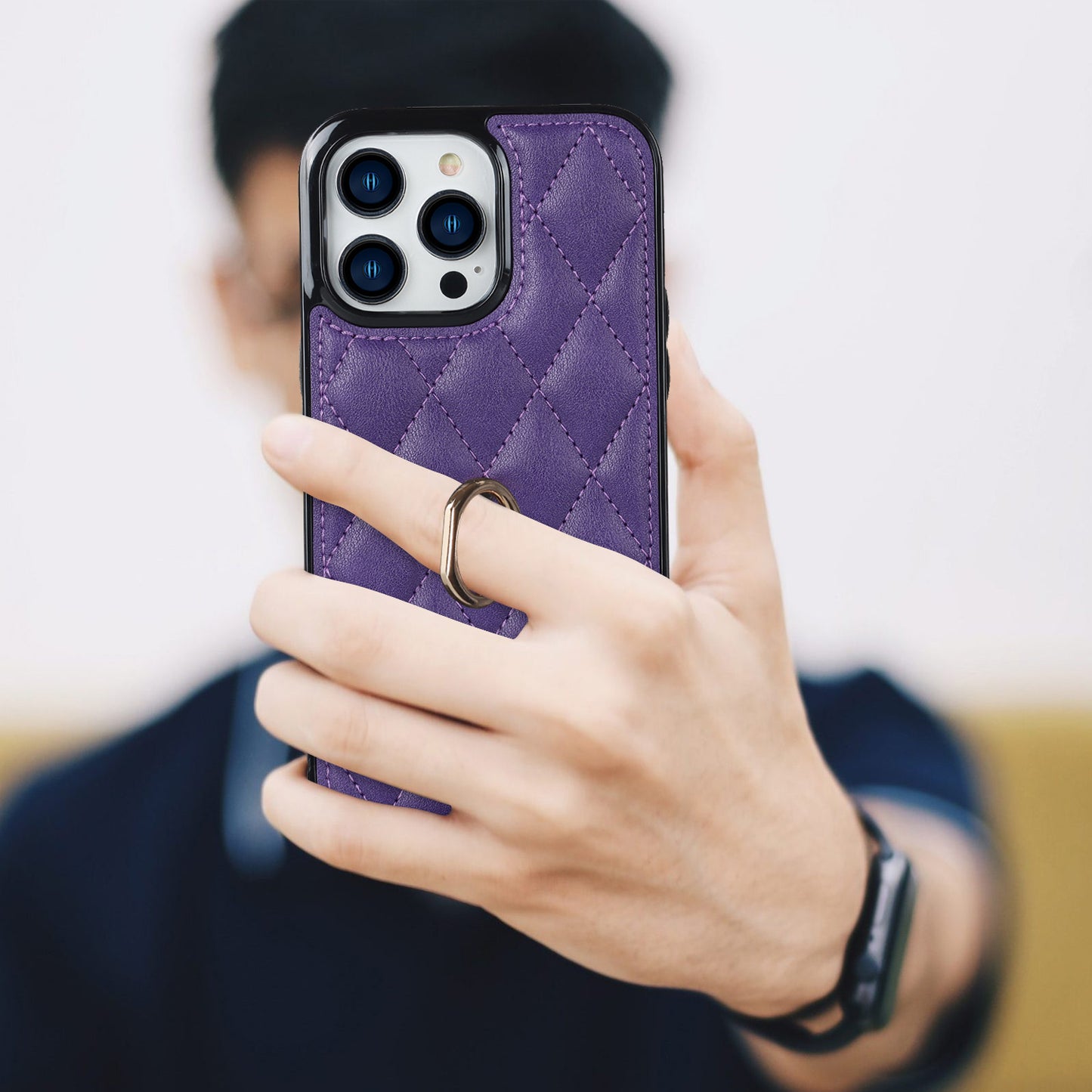 PU Leather+TPU Phone Case for iPhone 13 Pro Max , Stitching Rhombus Ring Holder Kickstand Phone Cover