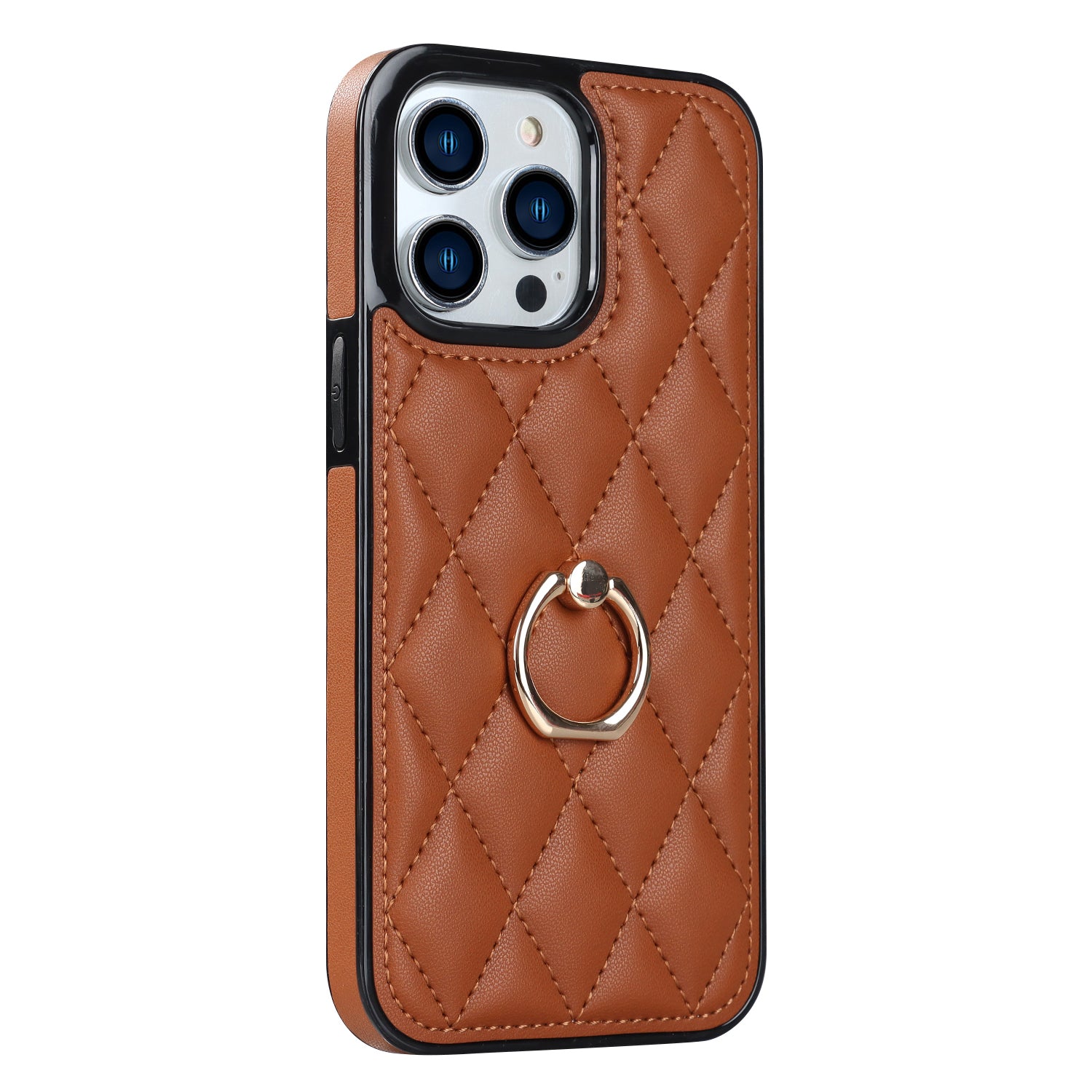 PU Leather+TPU Phone Case for iPhone 13 Pro Max , Stitching Rhombus Ring Holder Kickstand Phone Cover