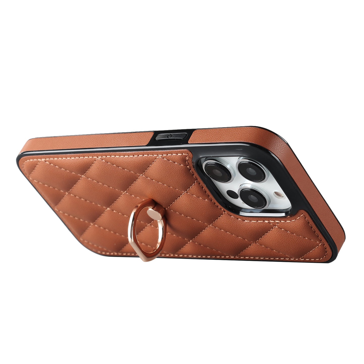 PU Leather+TPU Phone Case for iPhone 13 Pro Max , Stitching Rhombus Ring Holder Kickstand Phone Cover