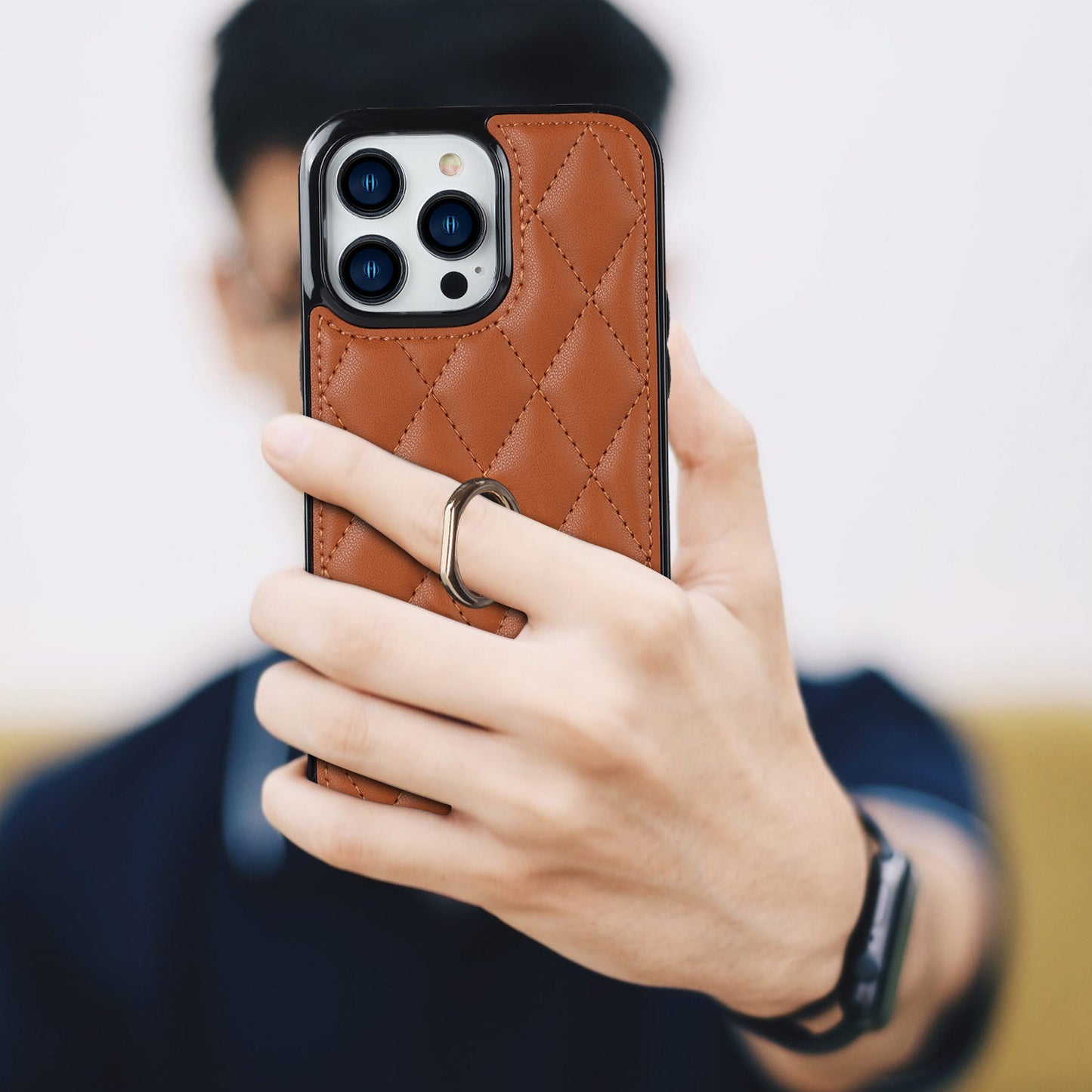 PU Leather+TPU Phone Case for iPhone 13 Pro Max , Stitching Rhombus Ring Holder Kickstand Phone Cover