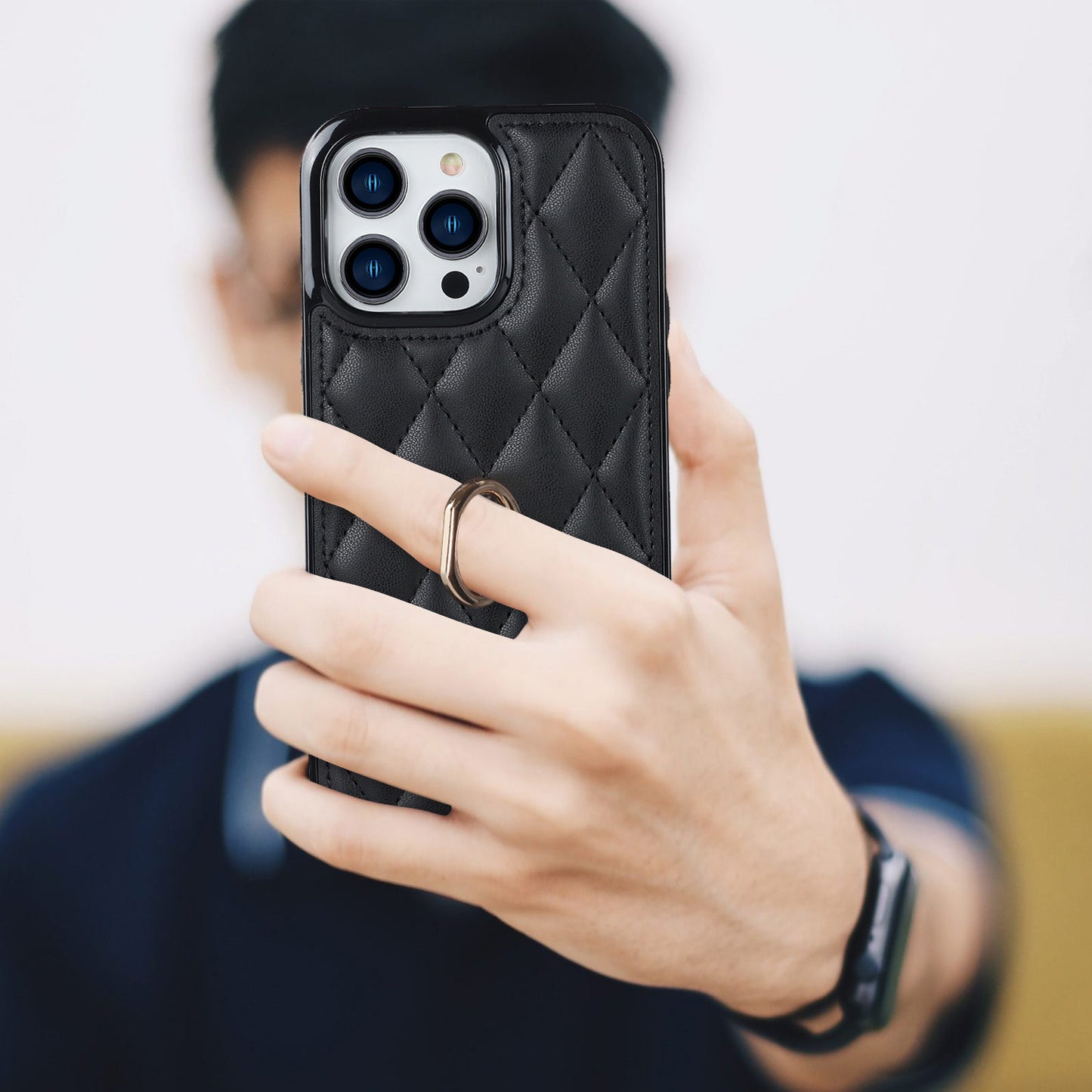 For iPhone 13 Pro 6.1 inch Stitching Rhombus Ring Holder PU Leather+TPU Phone Case Kickstand Phone Cover