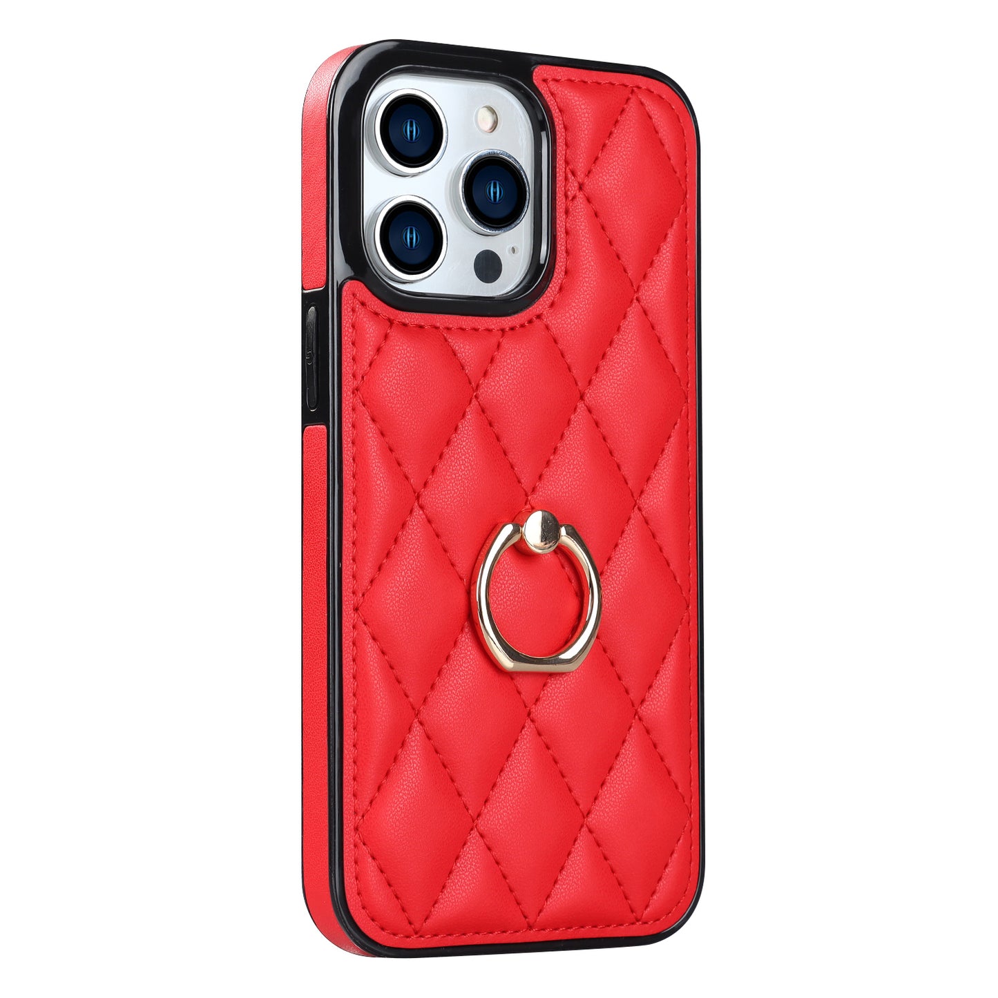 For iPhone 13 Pro 6.1 inch Stitching Rhombus Ring Holder PU Leather+TPU Phone Case Kickstand Phone Cover