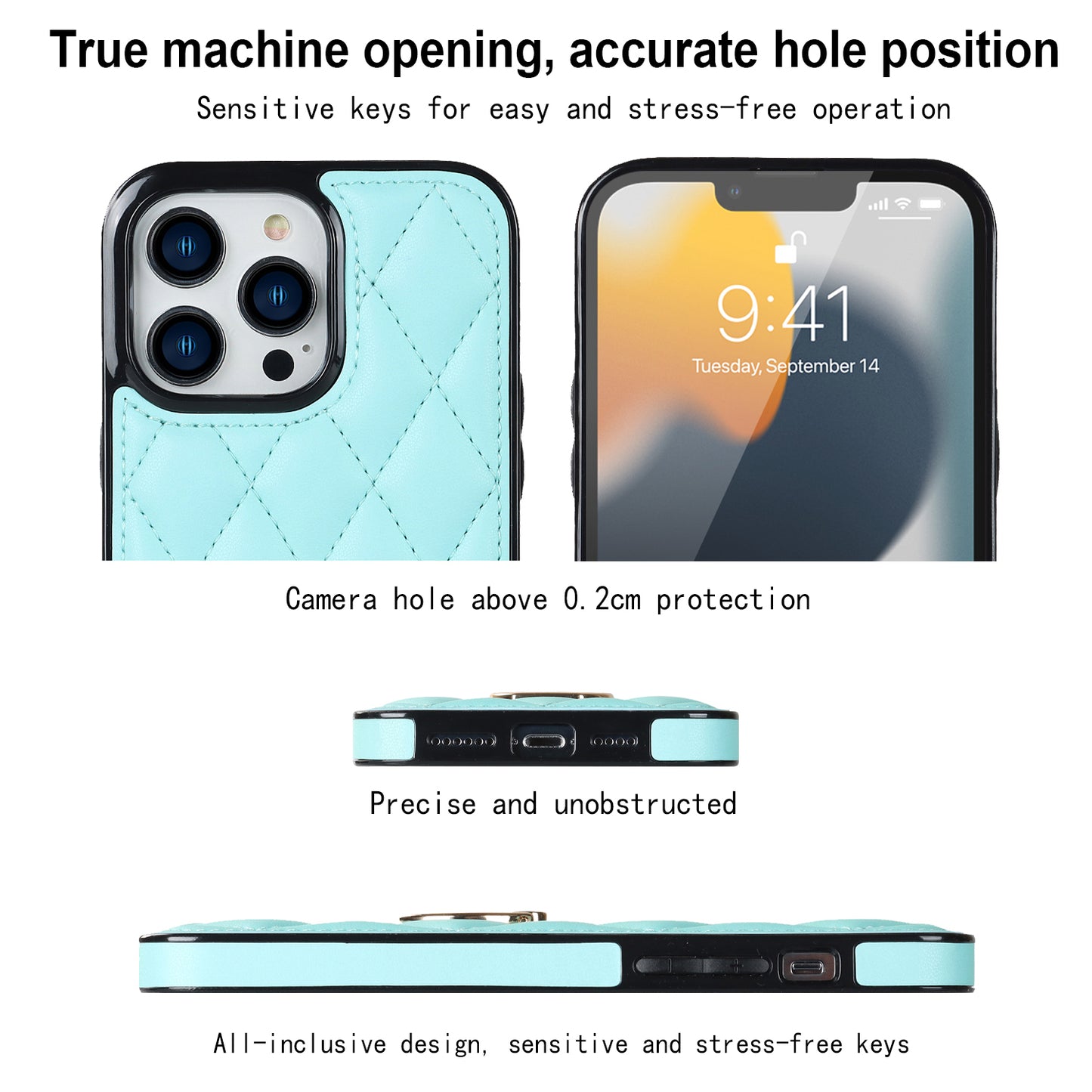 For iPhone 13 Pro 6.1 inch Stitching Rhombus Ring Holder PU Leather+TPU Phone Case Kickstand Phone Cover