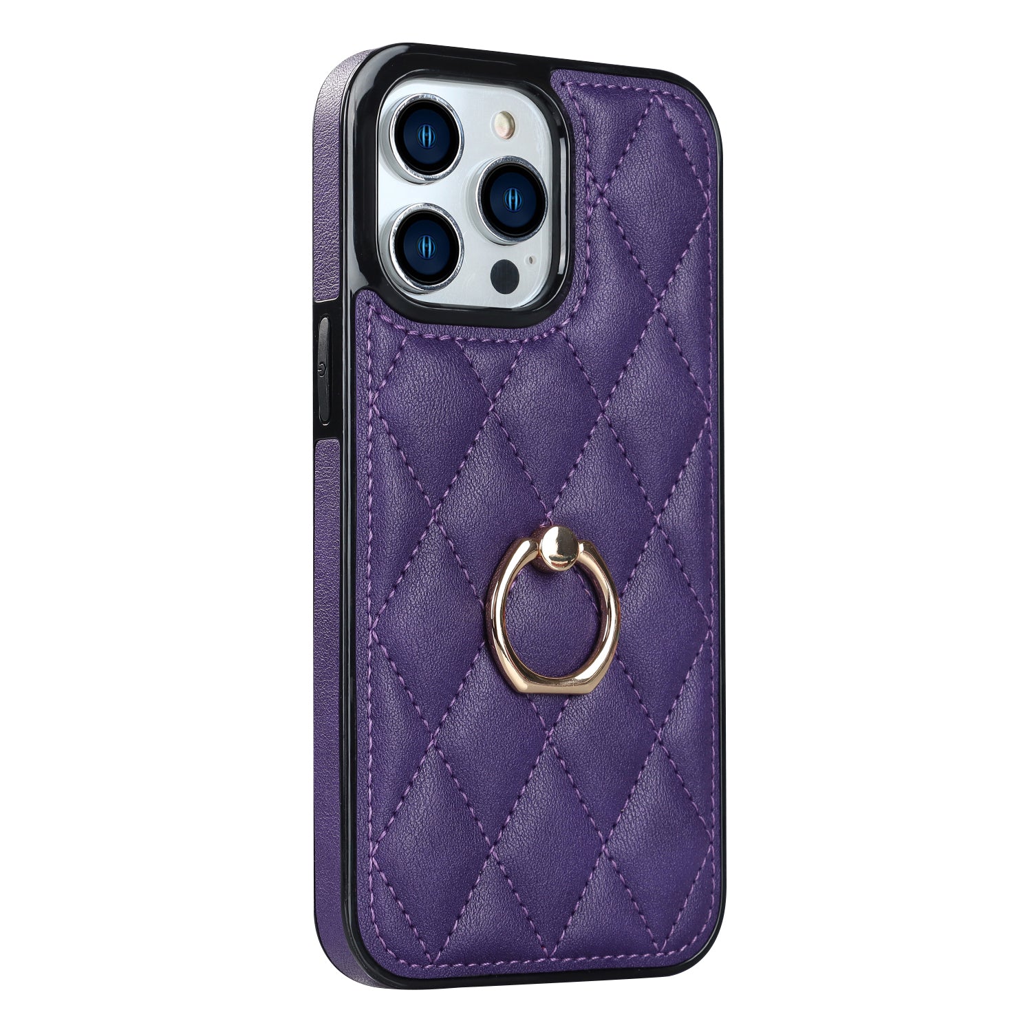 For iPhone 13 Pro 6.1 inch Stitching Rhombus Ring Holder PU Leather+TPU Phone Case Kickstand Phone Cover