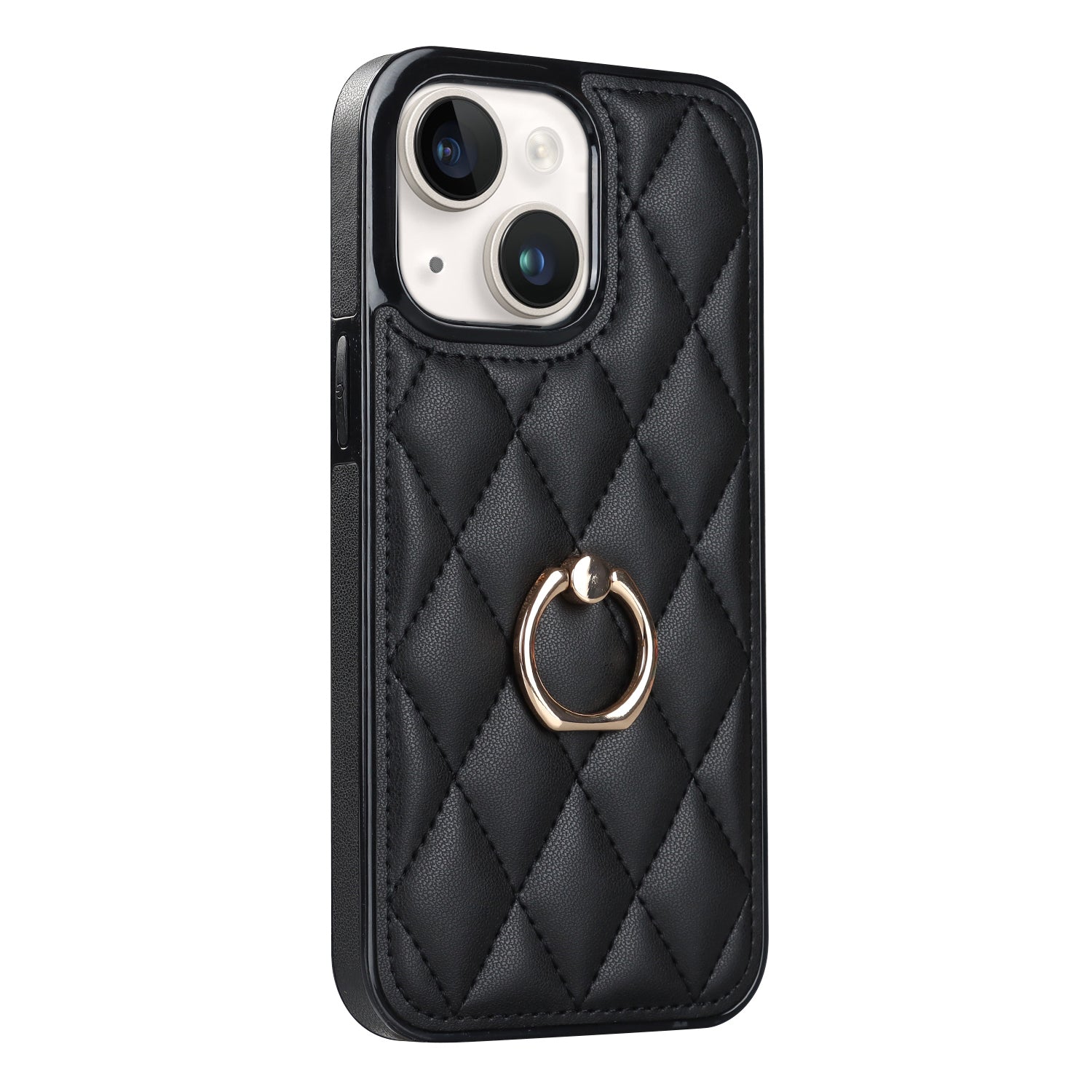 For iPhone 13 6.1 inch PU Leather+TPU Phone Case Stitching Rhombus Ring Holder Kickstand Phone Cover