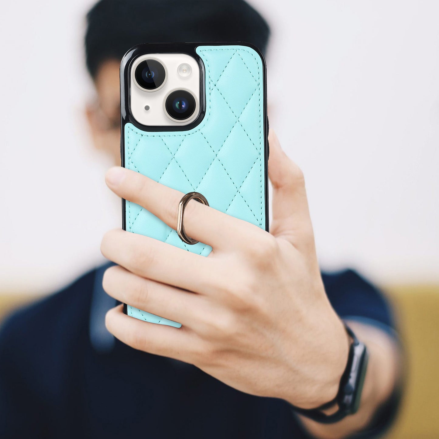 For iPhone 13 6.1 inch PU Leather+TPU Phone Case Stitching Rhombus Ring Holder Kickstand Phone Cover