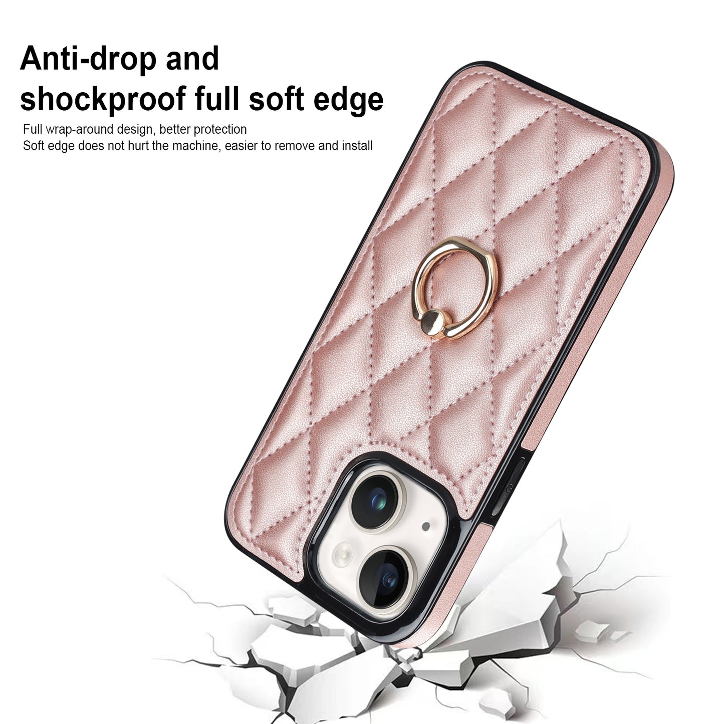 For iPhone 13 6.1 inch PU Leather+TPU Phone Case Stitching Rhombus Ring Holder Kickstand Phone Cover