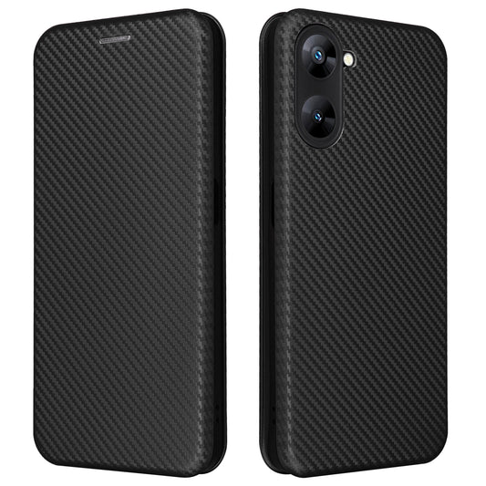 For Realme V30t / V30 5G Carbon Fiber Texture Phone Case Card Slot  PU Leather Stand Phone Cover