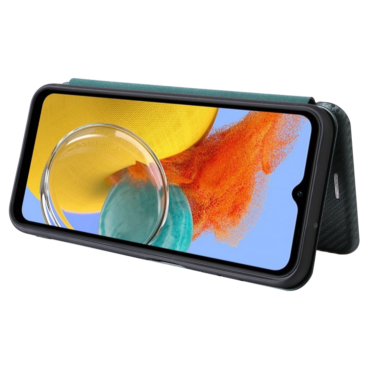 For Samsung Galaxy M14 5G Phone Cover TPU+PU Leather Stand Carbon Fiber Texture Phone Case with Card Slot